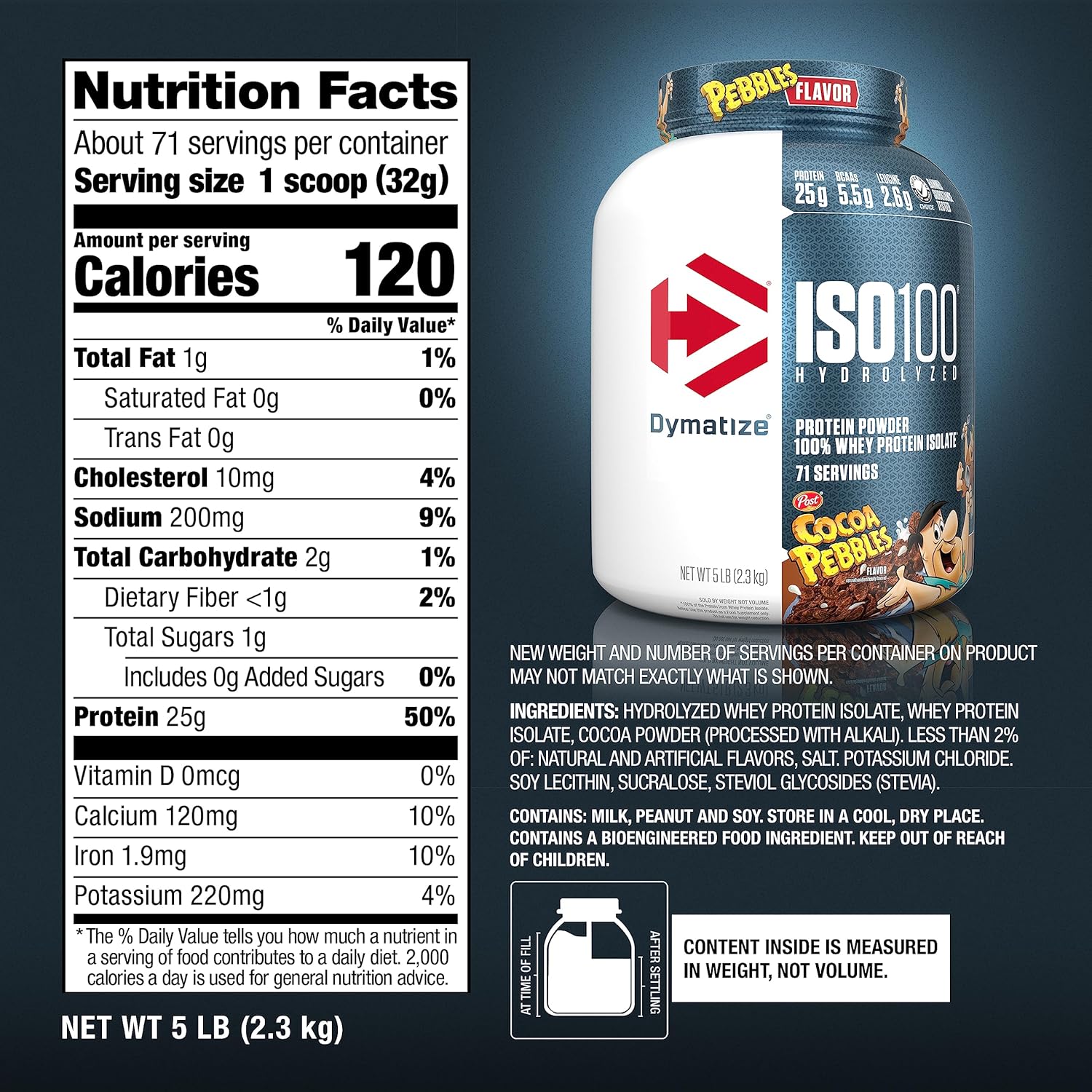 5lb Dymatize ISO100 Hydrolyzed Protein Powder, Cocoa Pebbles Flavor - 25g Protein, 5.5g BCAAs, Gluten Free - Fast Absorbing, Easy Digesting - 71 Servings