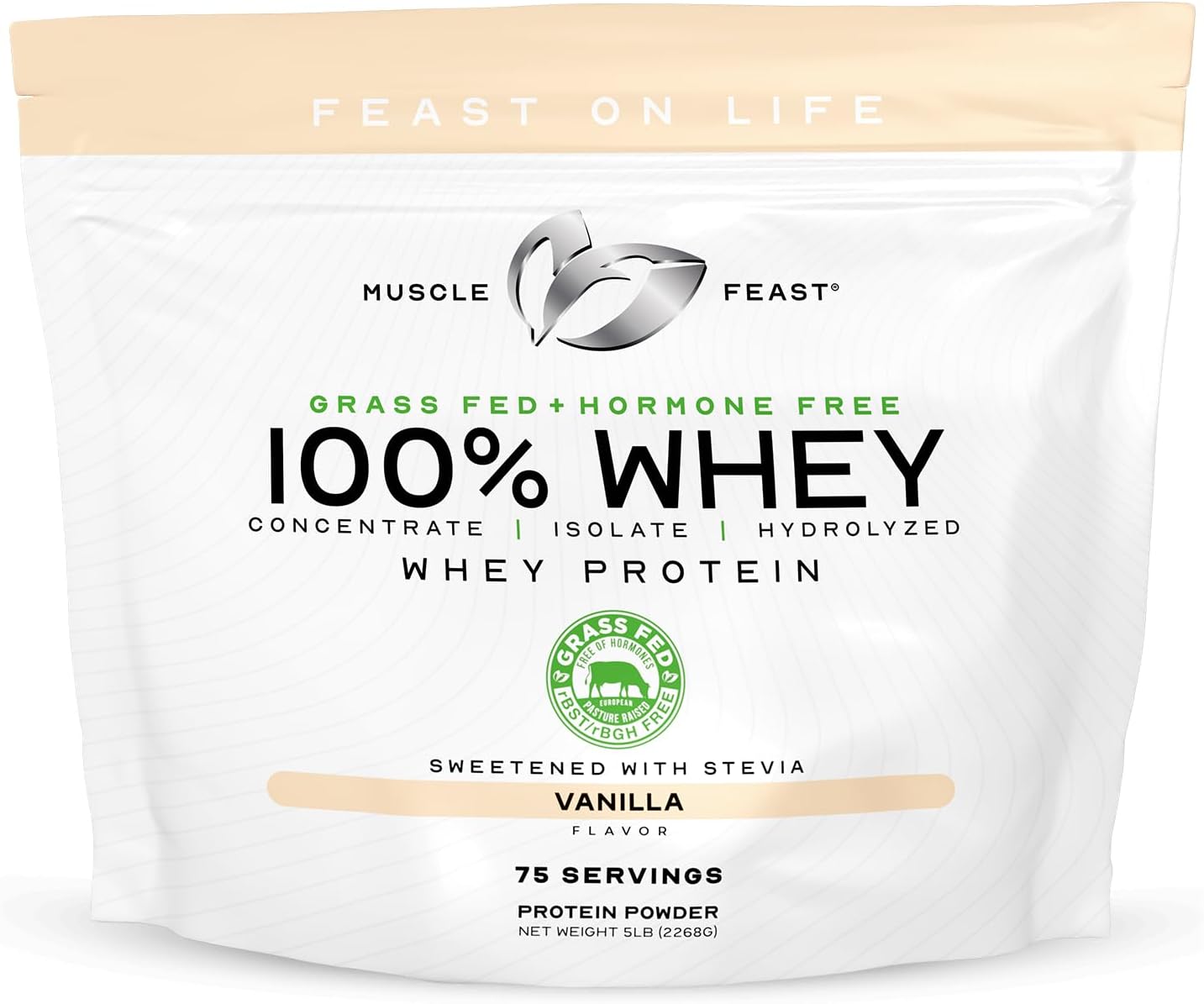 5lb Muscle Feast Grass-Fed Whey Protein, Vanilla Flavor, Hormone-Free & All-Natural