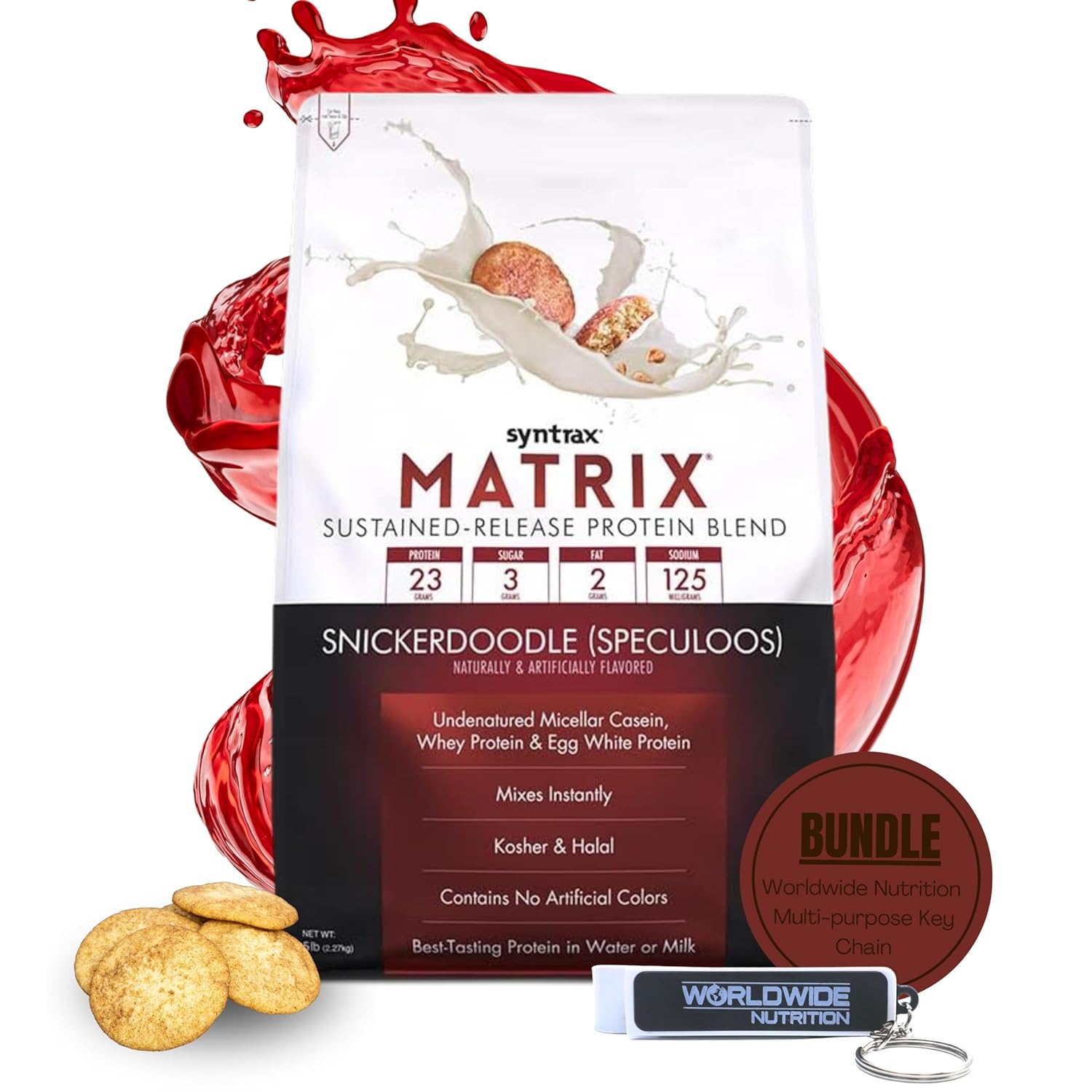 5lb Snickerdoodle Protein Powder Bundle: Syntrax Matrix Casein & Whey Protein with Worldwide Nutrition Keychain