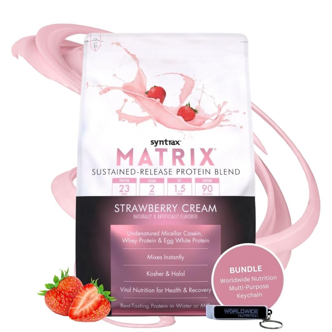 5lb Syntrax Matrix Protein Powder Bundle: Sustained-Release Casein & Whey Protein - Instant Mix Strawberry Cream Flavor with Nutrition Keychain