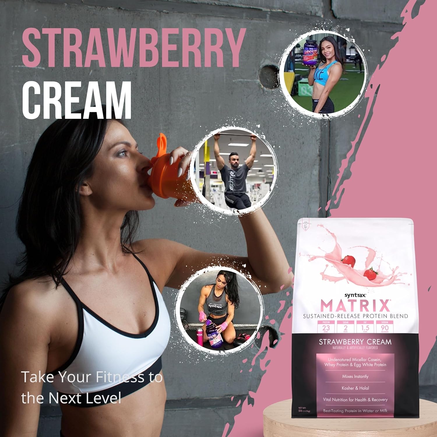 5lb Syntrax Matrix Protein Powder Bundle: Sustained-Release Casein & Whey Protein - Instant Mix Strawberry Cream Flavor with Nutrition Keychain