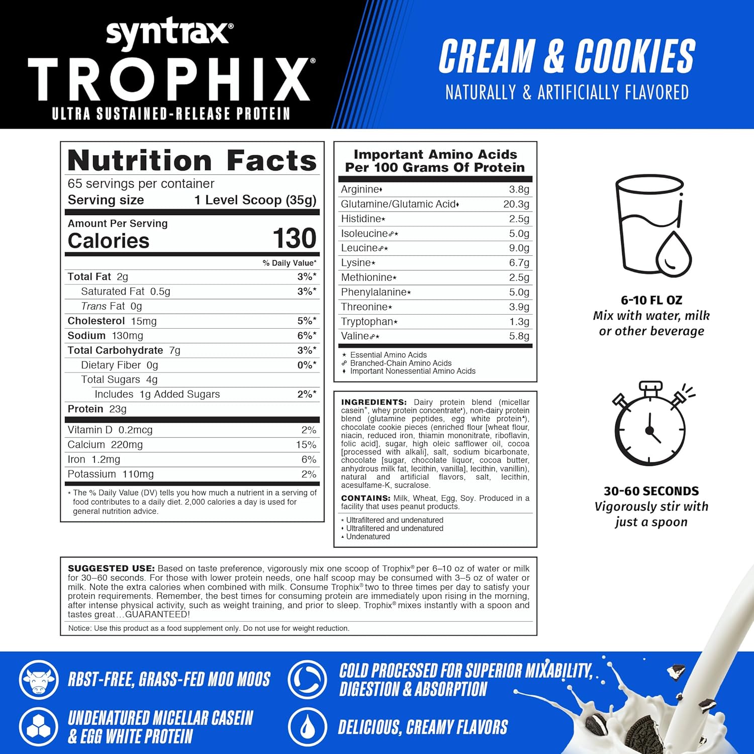 5lb Syntrax Trophix Protein Powder with Real Cookie Pieces, Ultra Sustained-Release Protein Blend - Cream & Cookies Flavor
