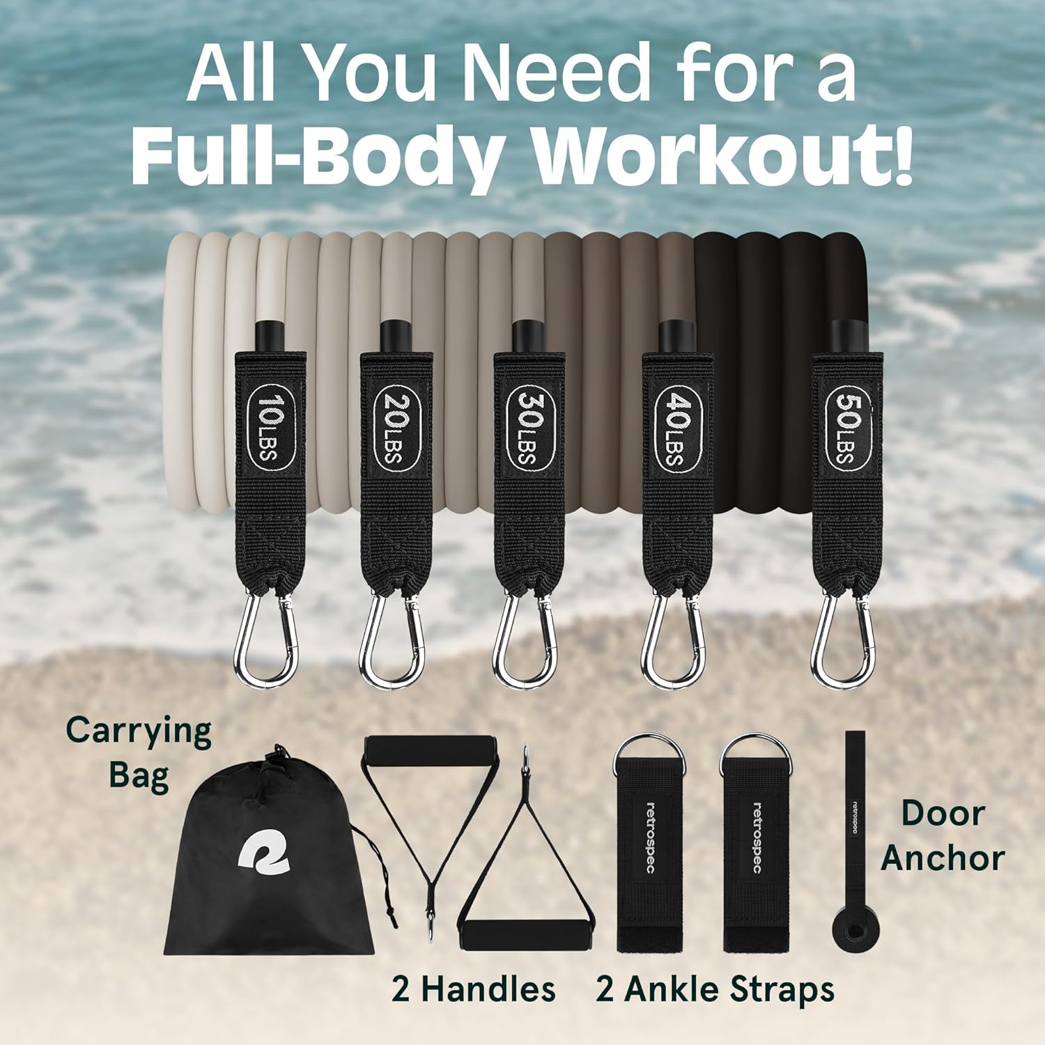 5pc Retrospec Train Resistance Bands Set with Handles, Door Anchor, Carry Bag - Ideal for Women and Men Workouts