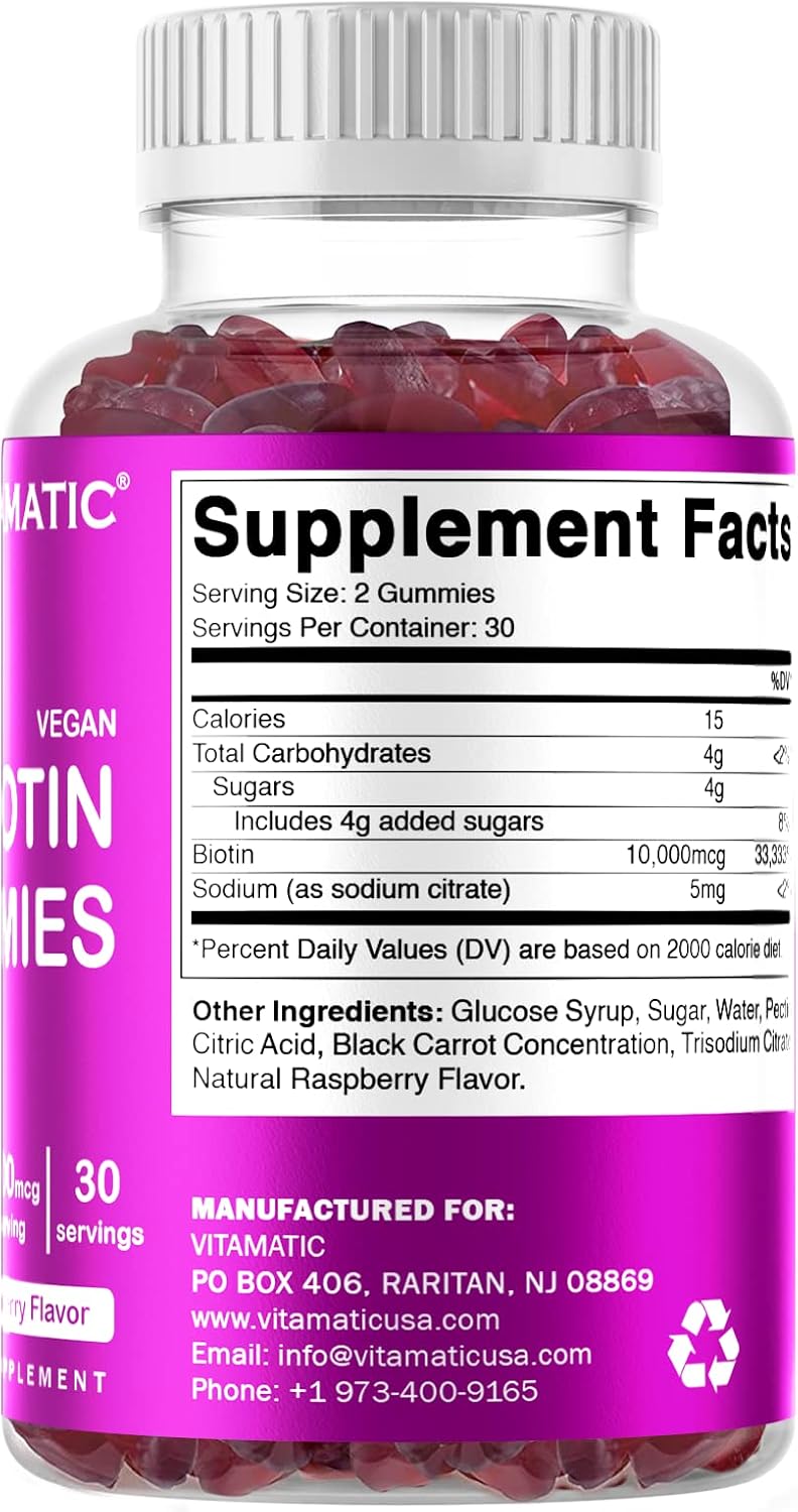 6 Bottles of Vitamatic Biotin Gummies 10,000 mcg for Hair, Skin & Nails - 60 Vegan Gummies - Vitamin B7 Supplement