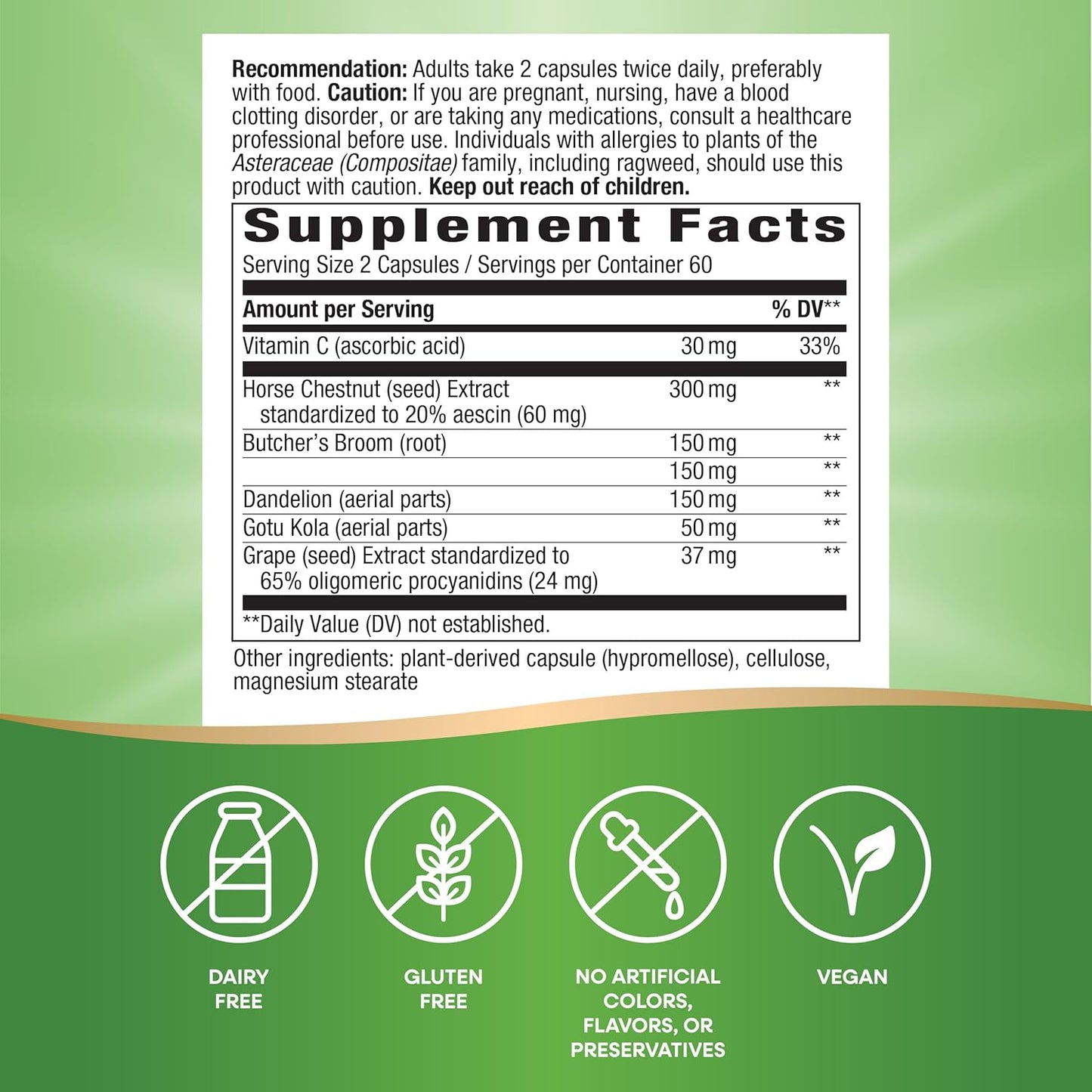 6-Herb Blend Leg Vein Support with Horse Chestnut & Dandelion - 120 Vegan Capsules