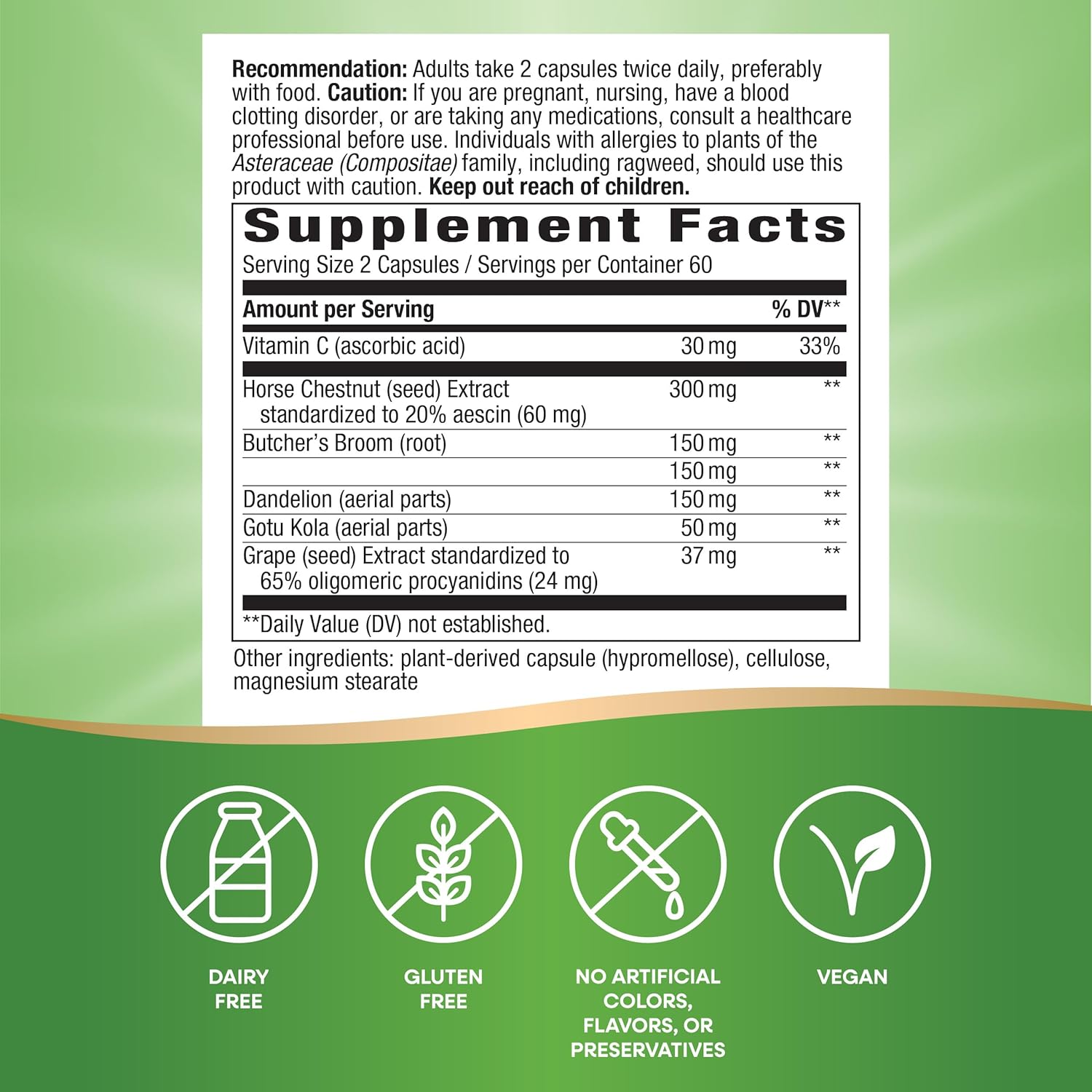 6-Herb Blend Leg Vein Support with Horse Chestnut & Dandelion - 120 Vegan Capsules