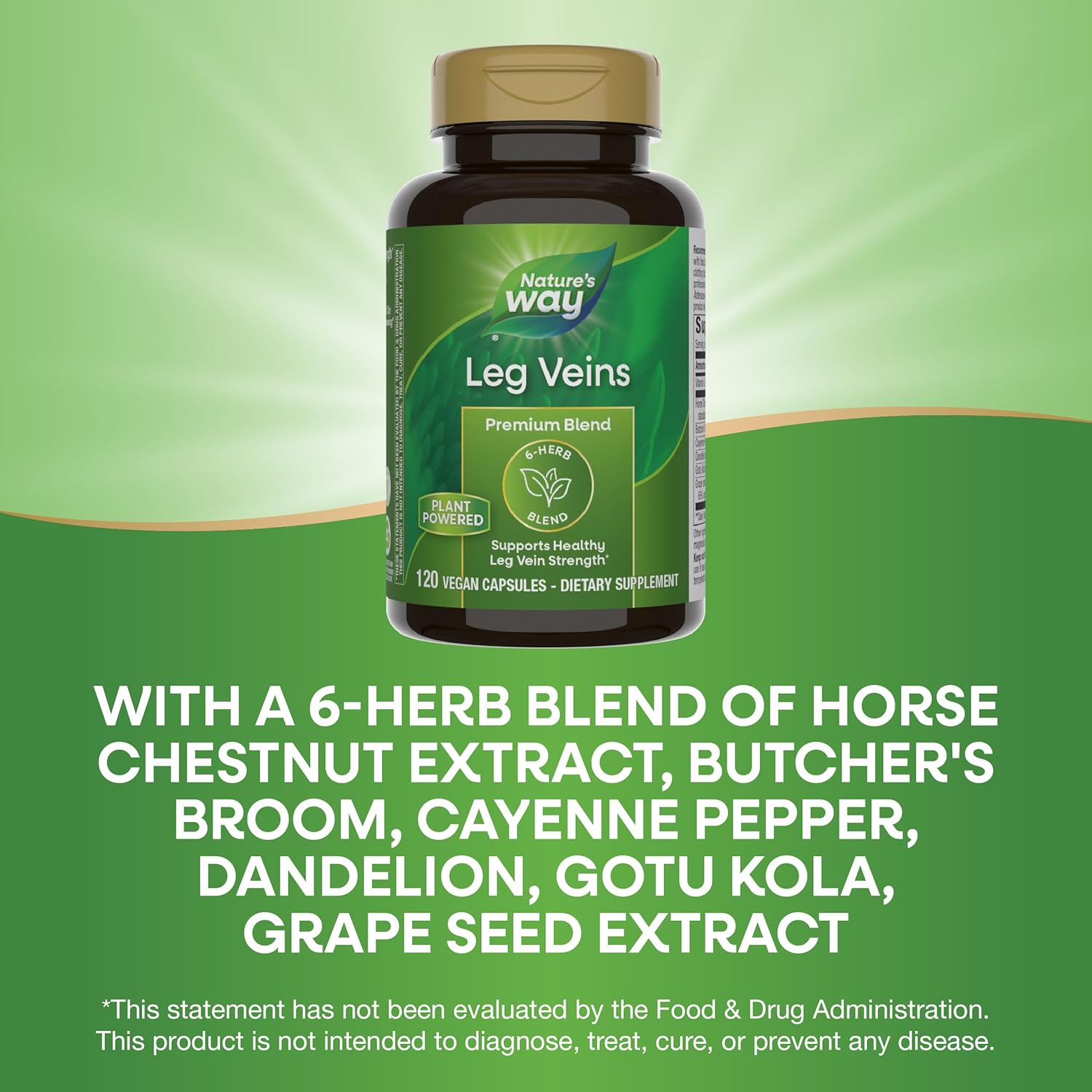 6-Herb Blend Leg Vein Support with Horse Chestnut & Dandelion - 120 Vegan Capsules