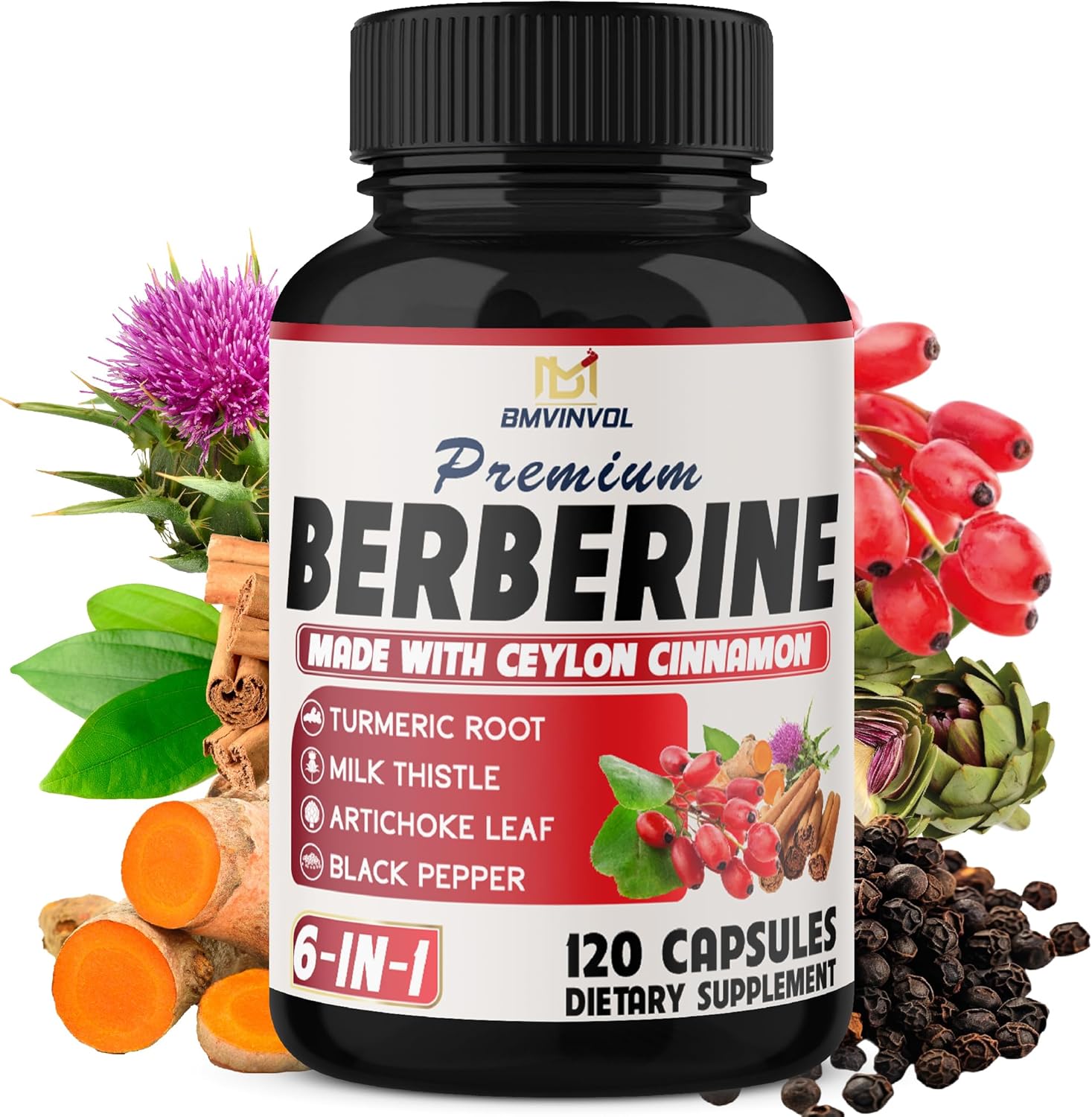 6-in-1 Berberine Supplement with Ceylon Cinnamon, Turmeric, Milk Thistle, Artichoke, Black Pepper - 120 Capsules