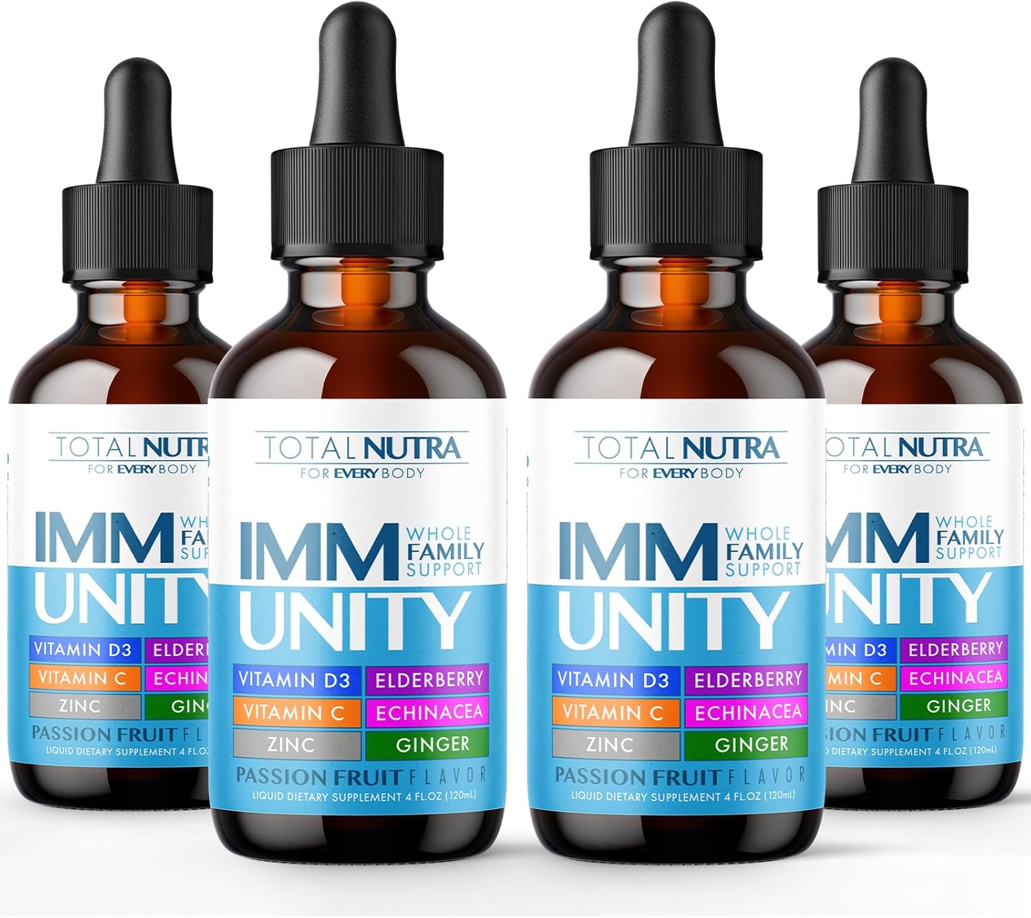 6-in-1 Liquid Multivitamin with Immunity Support Drops for Adults & Kids - Elderberry, Echinacea, Ginger - Passion Fruit Flavor - 4oz 4pk