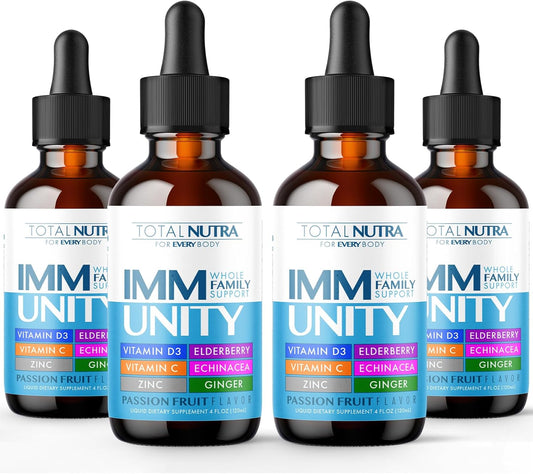 6-in-1 Liquid Multivitamin with Immunity Support Drops for Adults & Kids - Elderberry, Echinacea, Ginger - Passion Fruit Flavor - 4oz 4pk