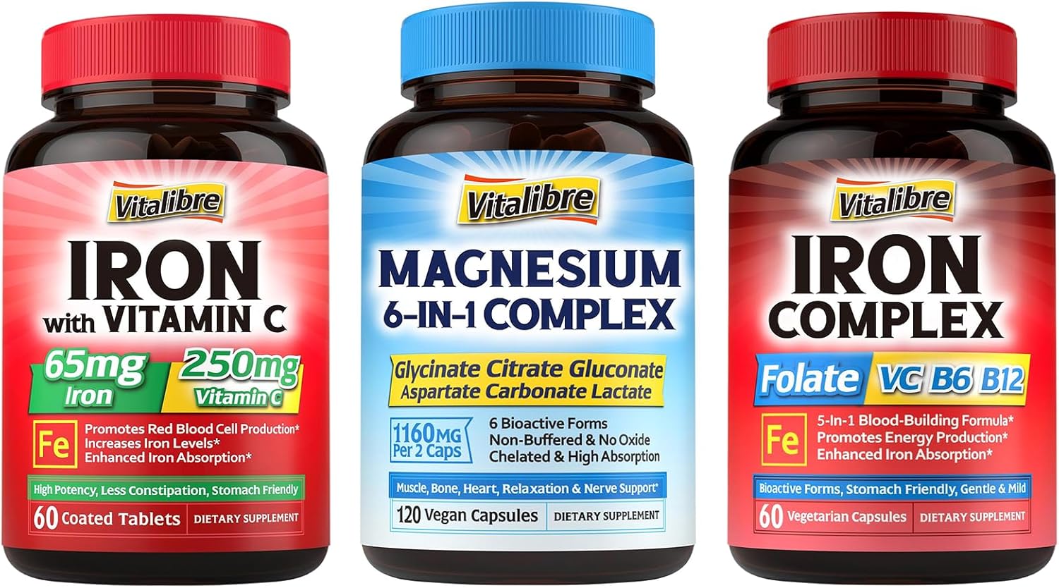 6-in-1 Magnesium Complex & Iron Supplement for Women & Men - 65mg Carbonyl Iron, 250mg Vitamin C, B6, B12, Folate