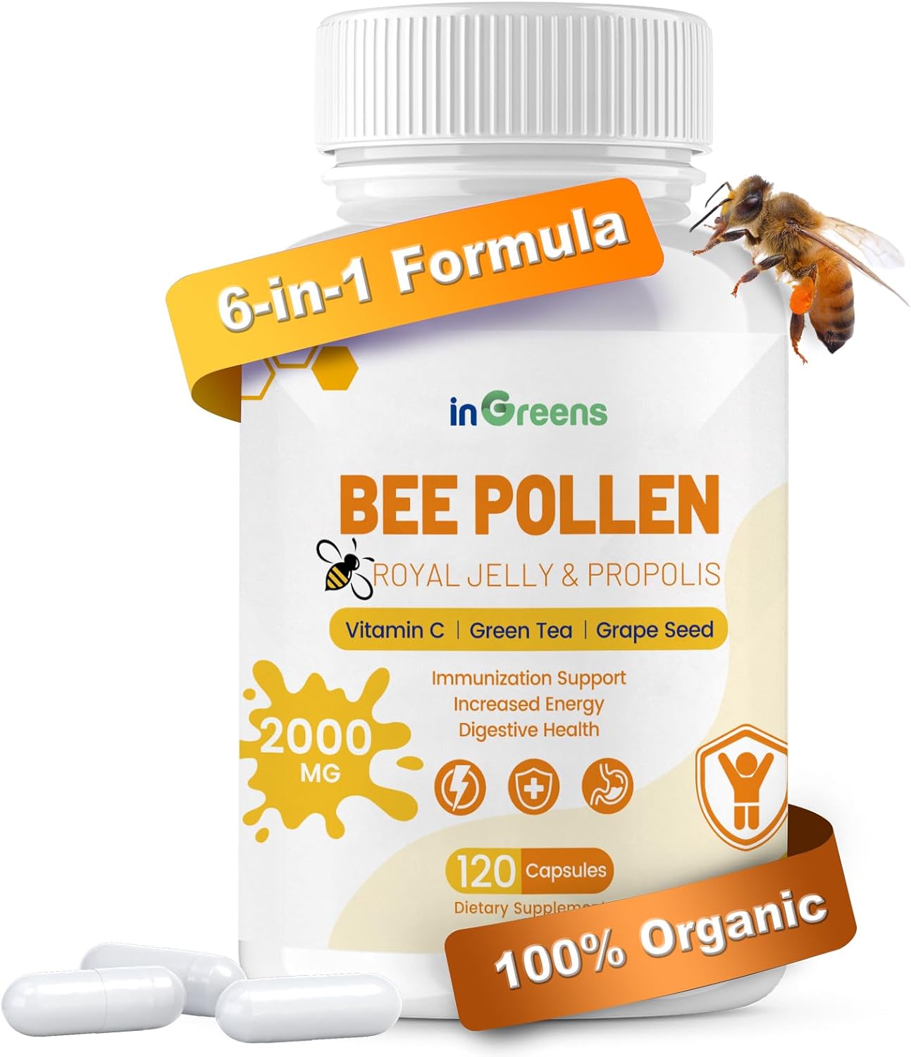 6-in-1 Organic Bee Pollen Supplement - 2000mg Per Serving - Immune & Energy Support for Men & Women - Non-GMO - Made in USA - 120 Capsules
