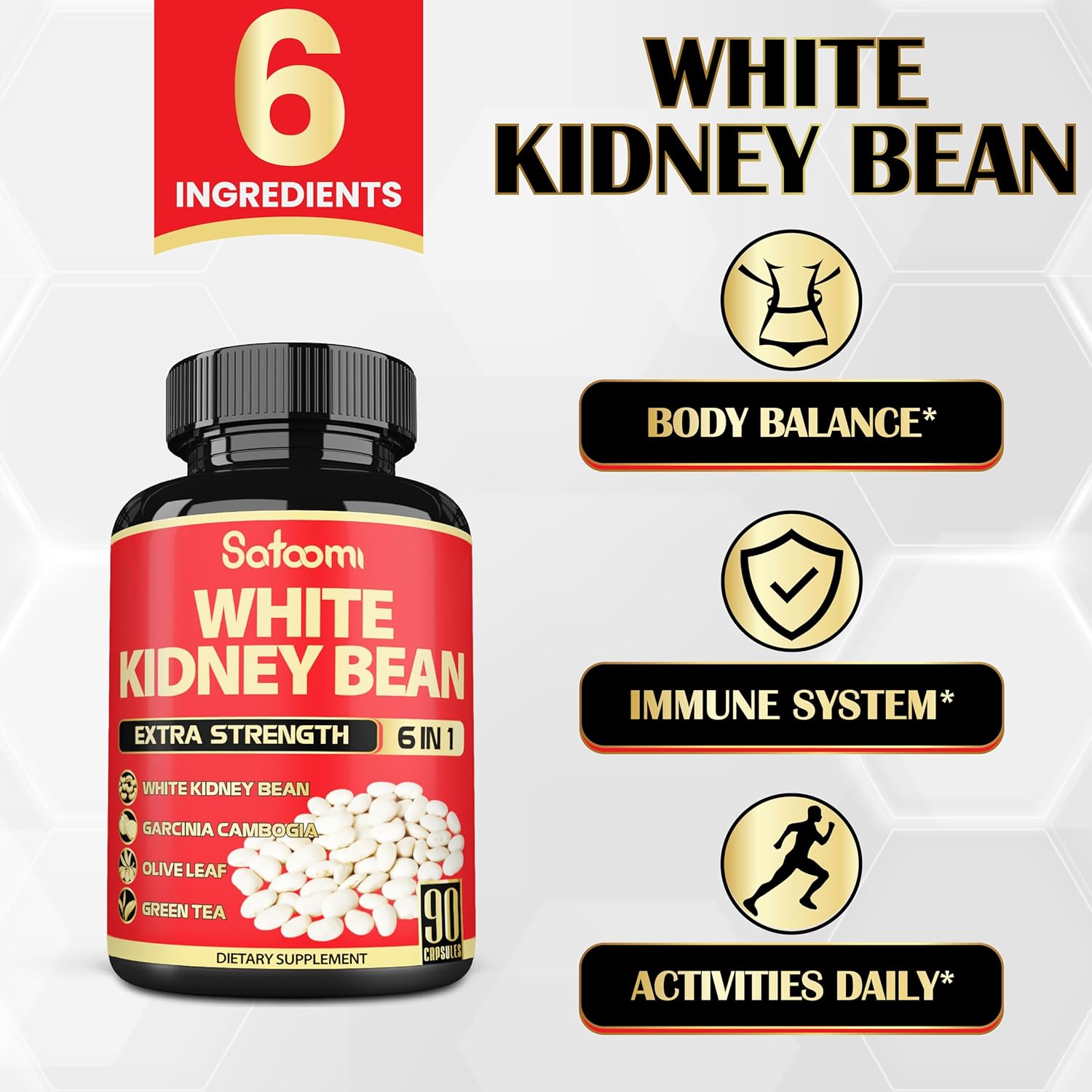 6-in-1 Satoomi White Kidney Bean Extract Capsules - 90 Capsules - 3 Month Supply - Carb Scale Down Support with Olive Leaf, Green Coffee Bean, Green Tea Blend