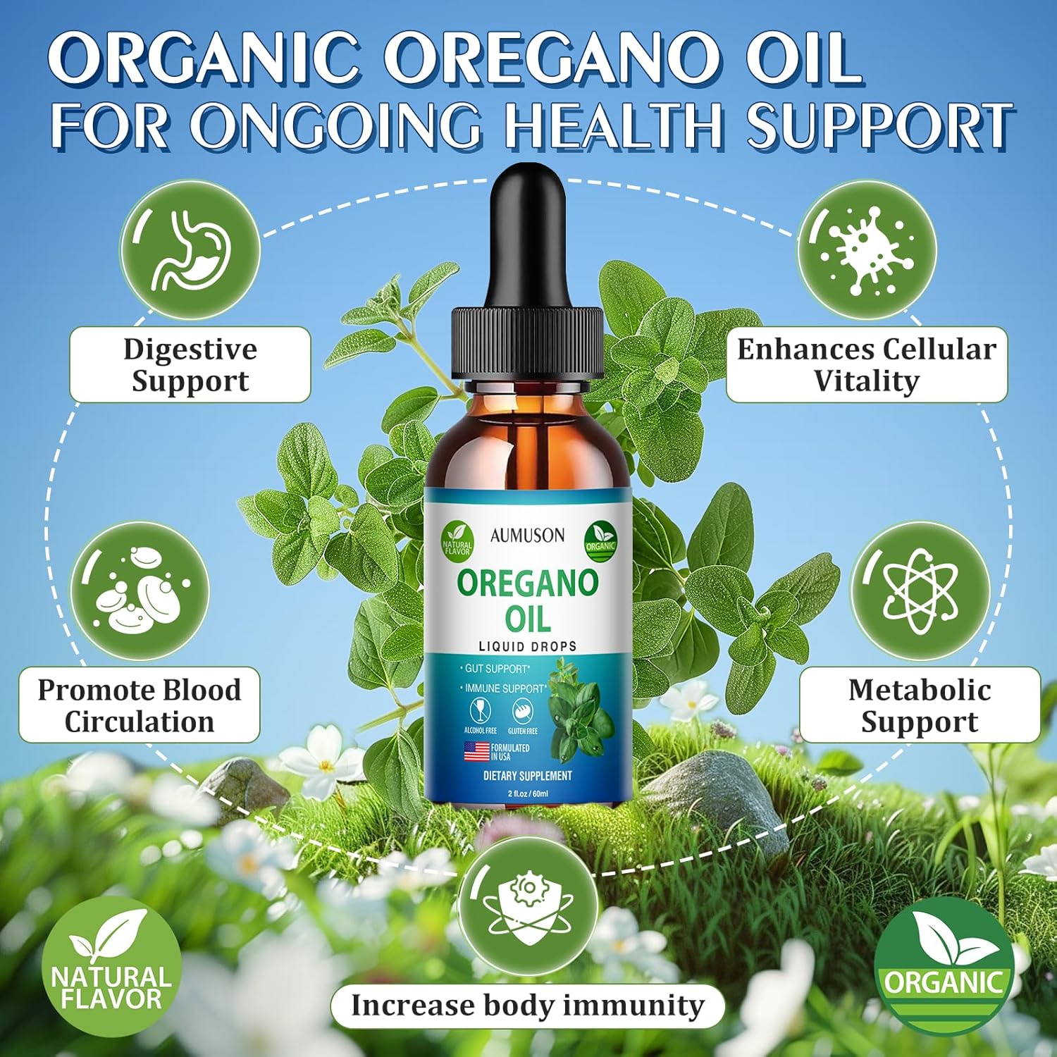 6 Month Supply AUMUSON Oregano Oil Liquid Drops with Carvacrol & Vitamin E for Cleanse, Detox, Immune Support, Digestive Health - Pure Vegan Herbal Extract 2oz Tincture
