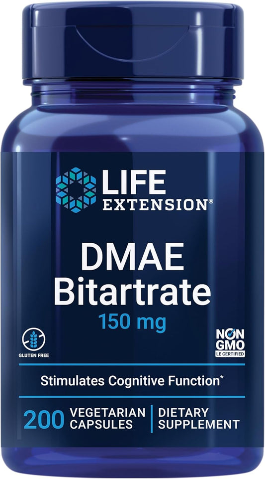 6-Month Supply Life Extension DMAE Bitartrate Capsules, Supports Neurotransmitter Production, Gluten-Free, Non-GMO, Vegetarian - 200 Count