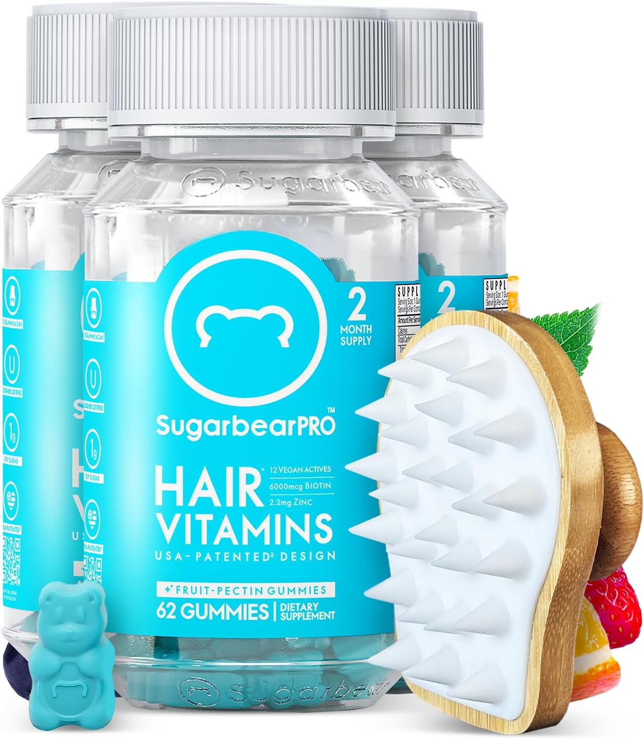 6 Month Supply of SugarbearPro Bamboo Scalp Massager & Scrubber + Vegan Hair Vitamin Gummies with Extra Strength Biotin for Healthy Hair & Scalp Care