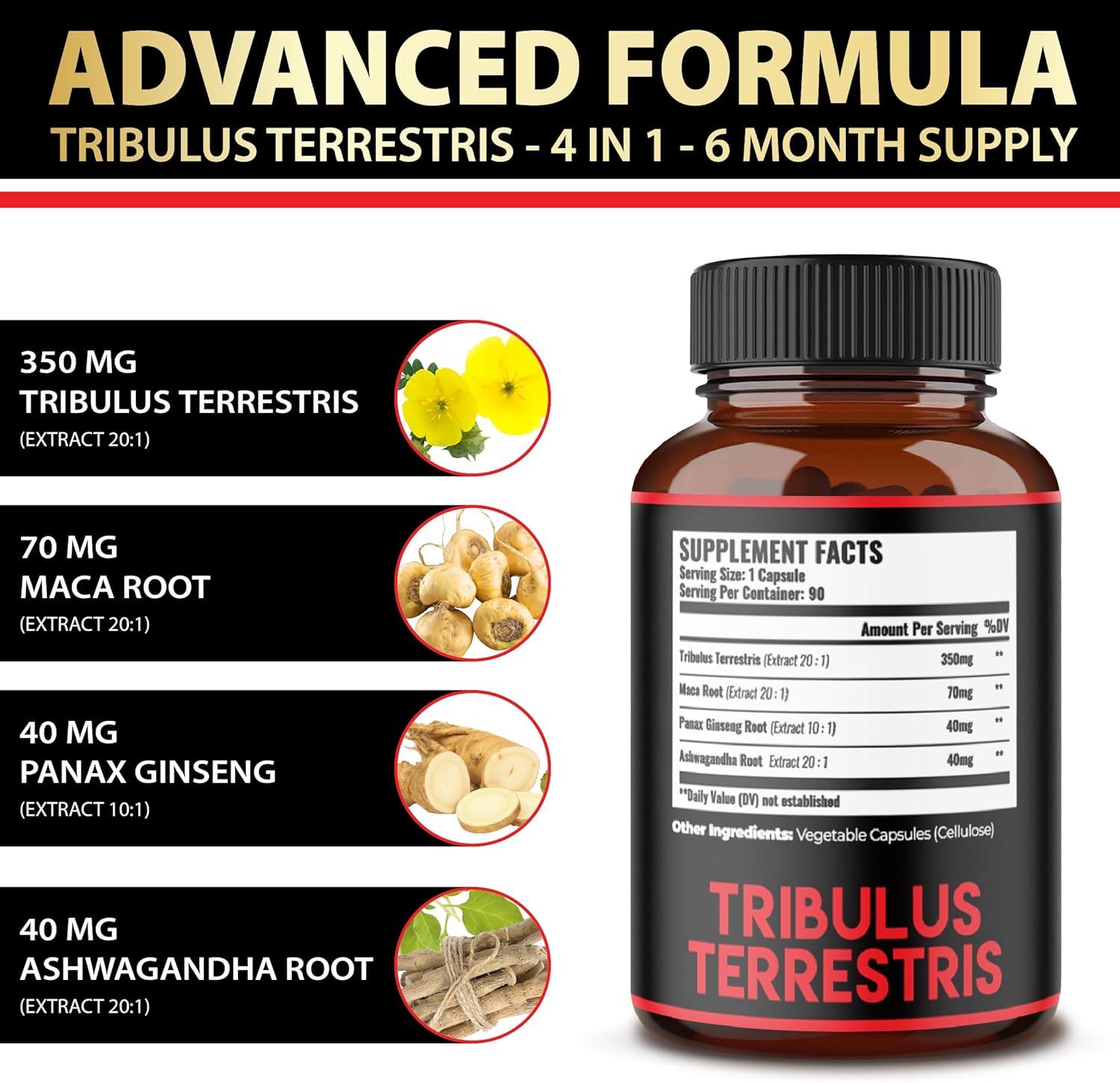 6-Month Supply of Zolotus Tribulus Terrestris, Maca Root, Ashwagandha, Panax Ginseng - 2 Pack
