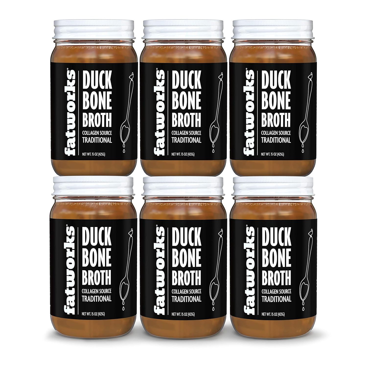 6 Pack Fatworks Gourmet Cage-Free Duck Bone Broth - Traditional Flavor, Keto & Paleo Friendly, Rich in Collagen, No Preservatives - 15 oz. Jars