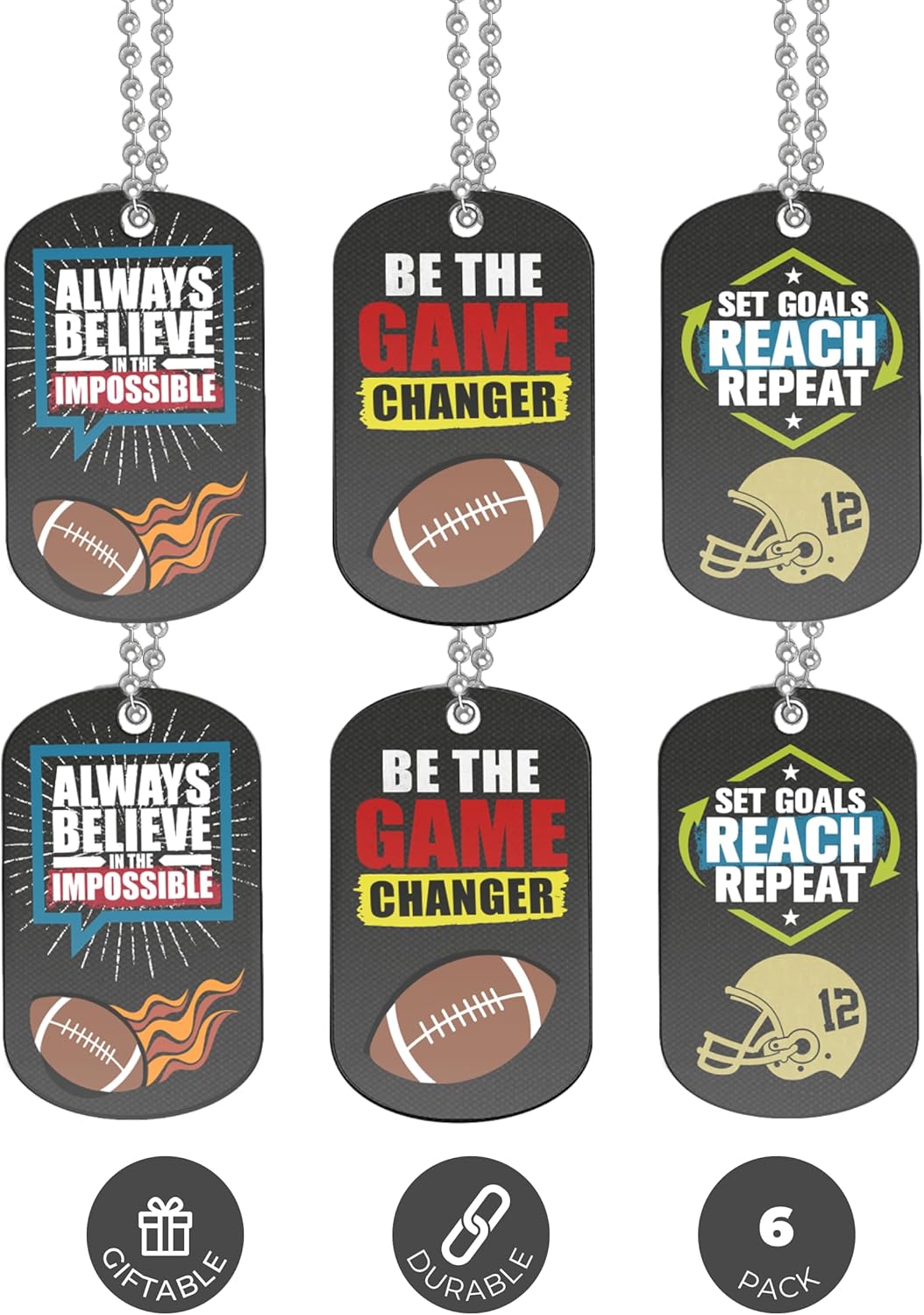 6-Pack Football Motivational Dog Tag Necklaces for Football Team Uniform Accessories