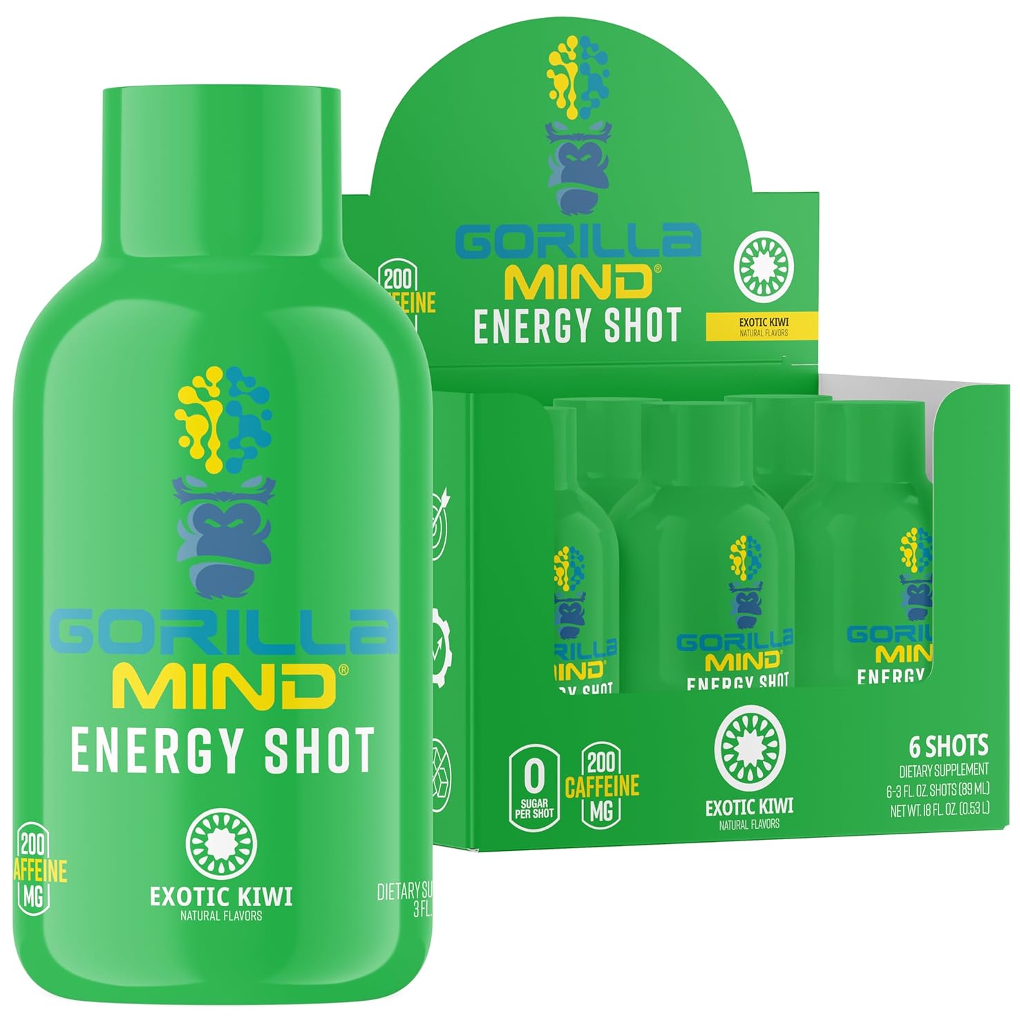 6-Pack Gorilla Mind Energy Shots - Exotic Kiwi Flavor, Sugar-Free Energy Boost with Vitamins & Natural Extracts for Enhanced Focus & Fast-Acting Results