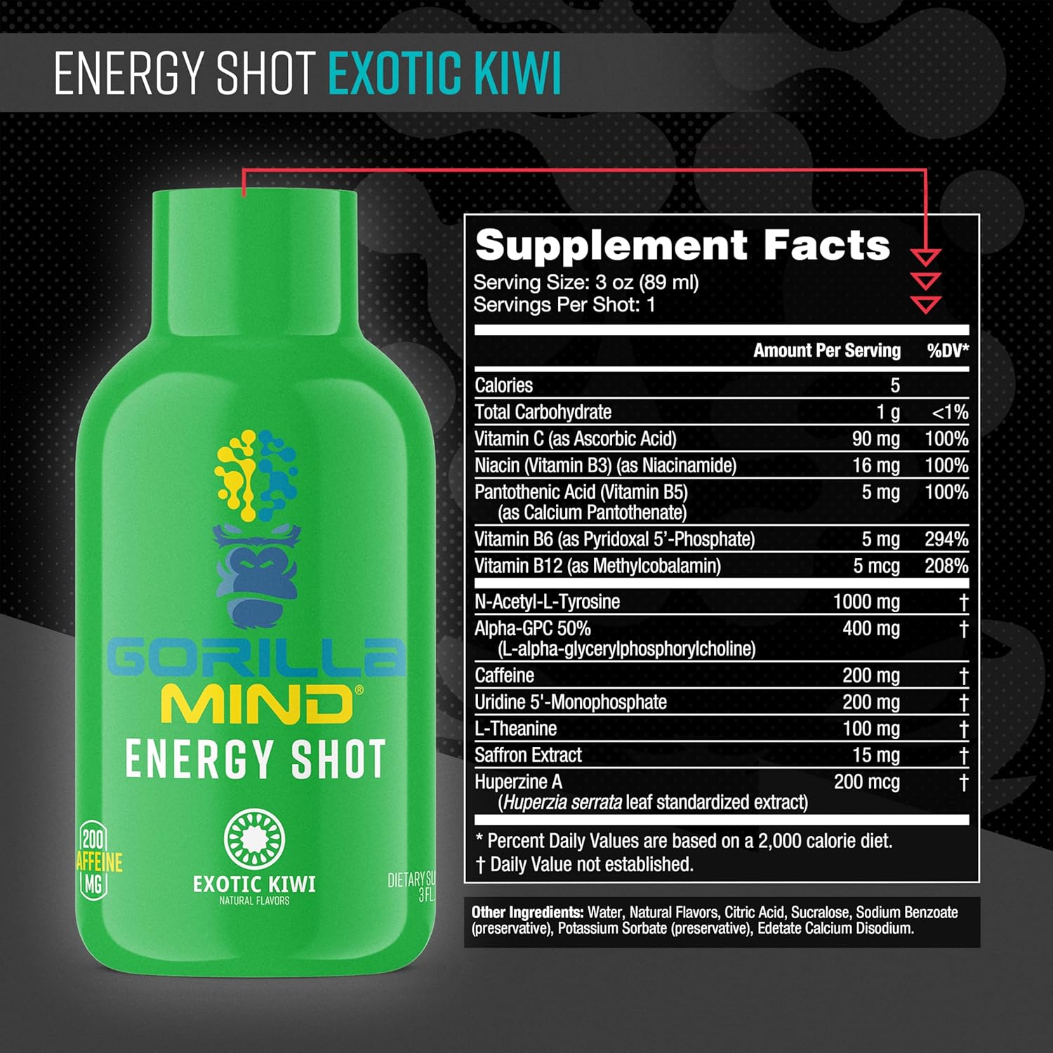 6-Pack Gorilla Mind Energy Shots - Exotic Kiwi Flavor, Sugar-Free Energy Boost with Vitamins & Natural Extracts for Enhanced Focus & Fast-Acting Results