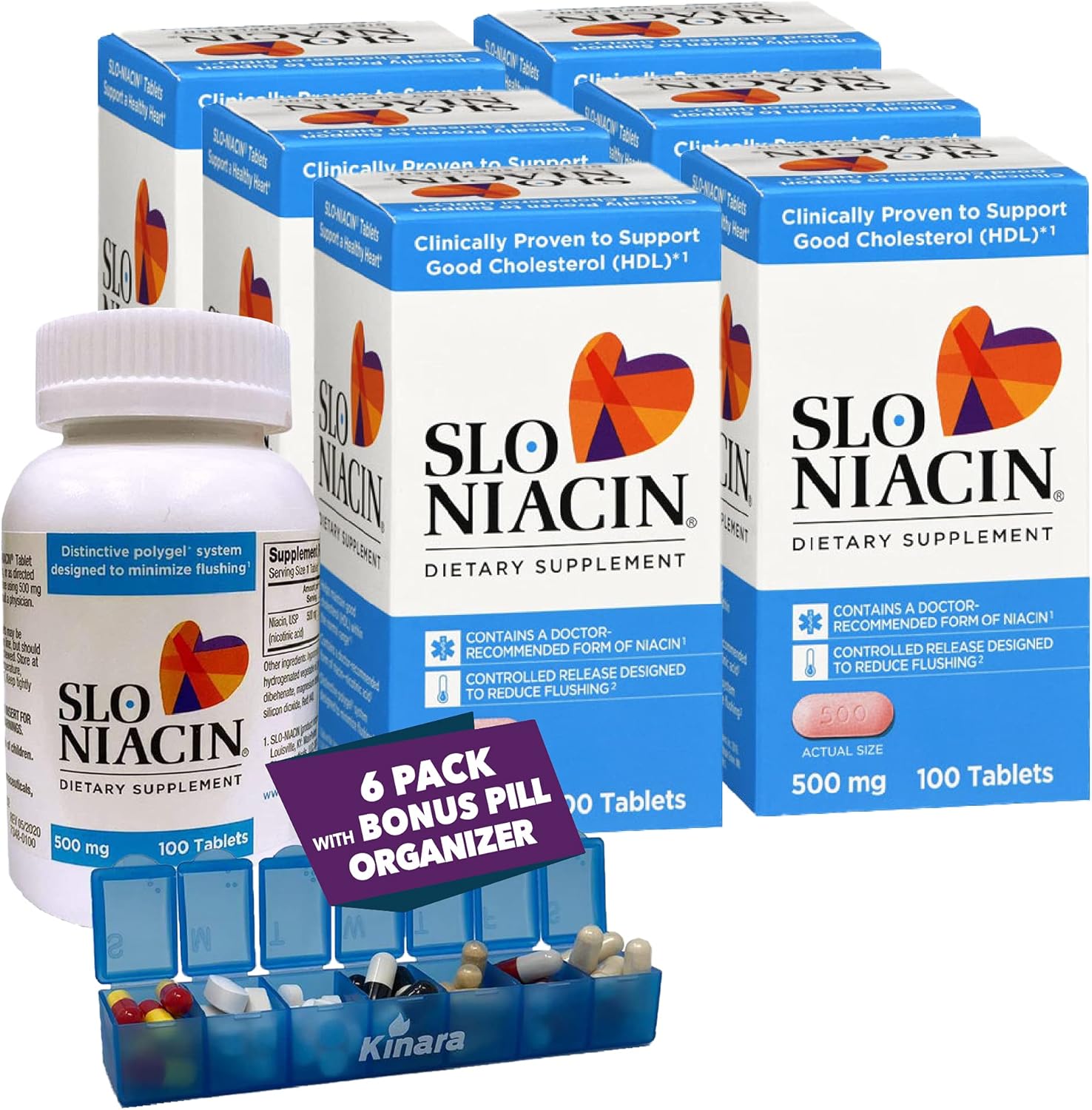 6-Pack Kinara Slo Niacin 500mg Flush Free Capsules/Tablets for Heart, Energy, Circulation - 100 Pills, Vitamin B3 Supplement