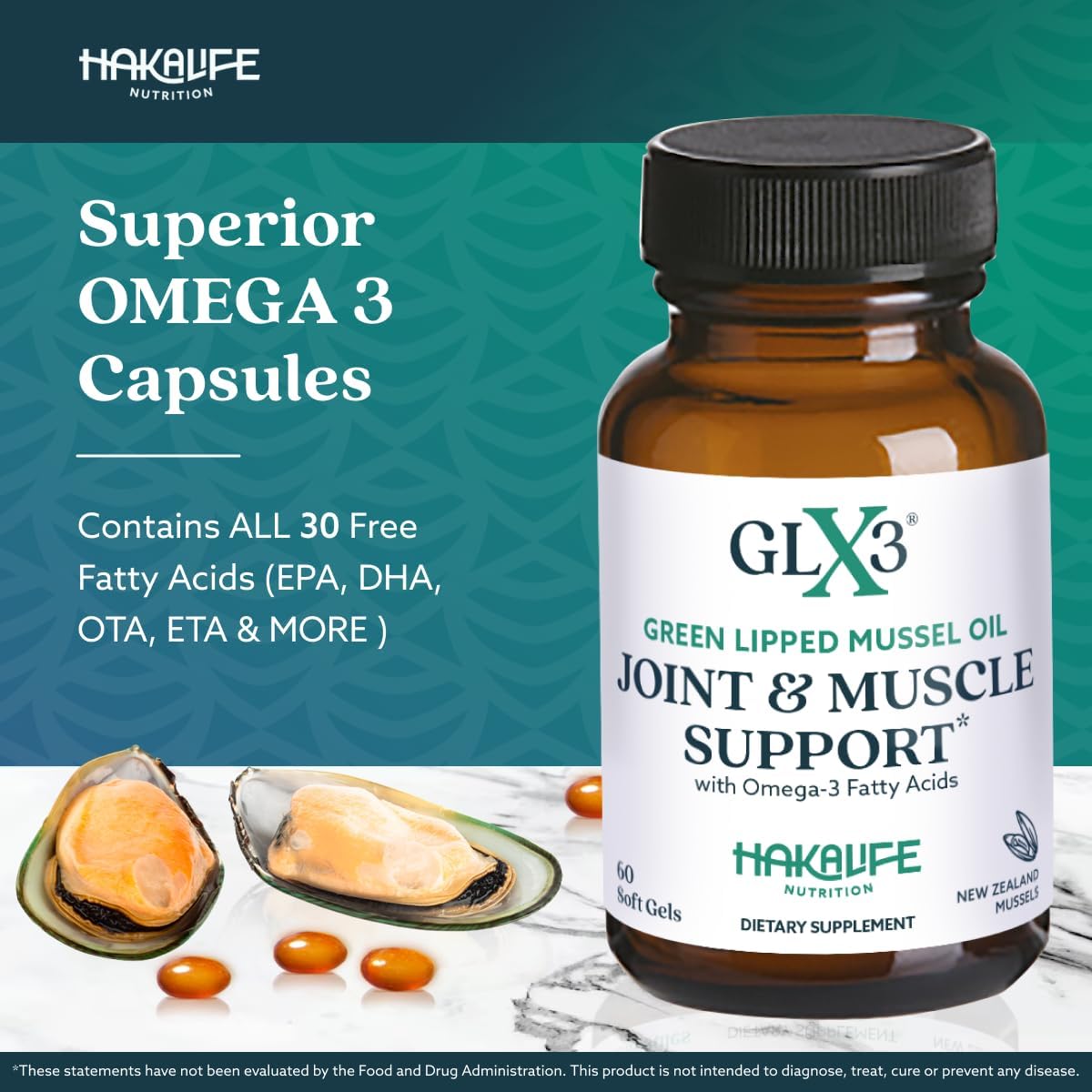 6 Pack of HAKA Life Nutrition GLX3 Extra Strength Green Lipped Mussel Oil Capsules for Joint Comfort & Support - Omega 3 & Chondroitin Sulfate Rich