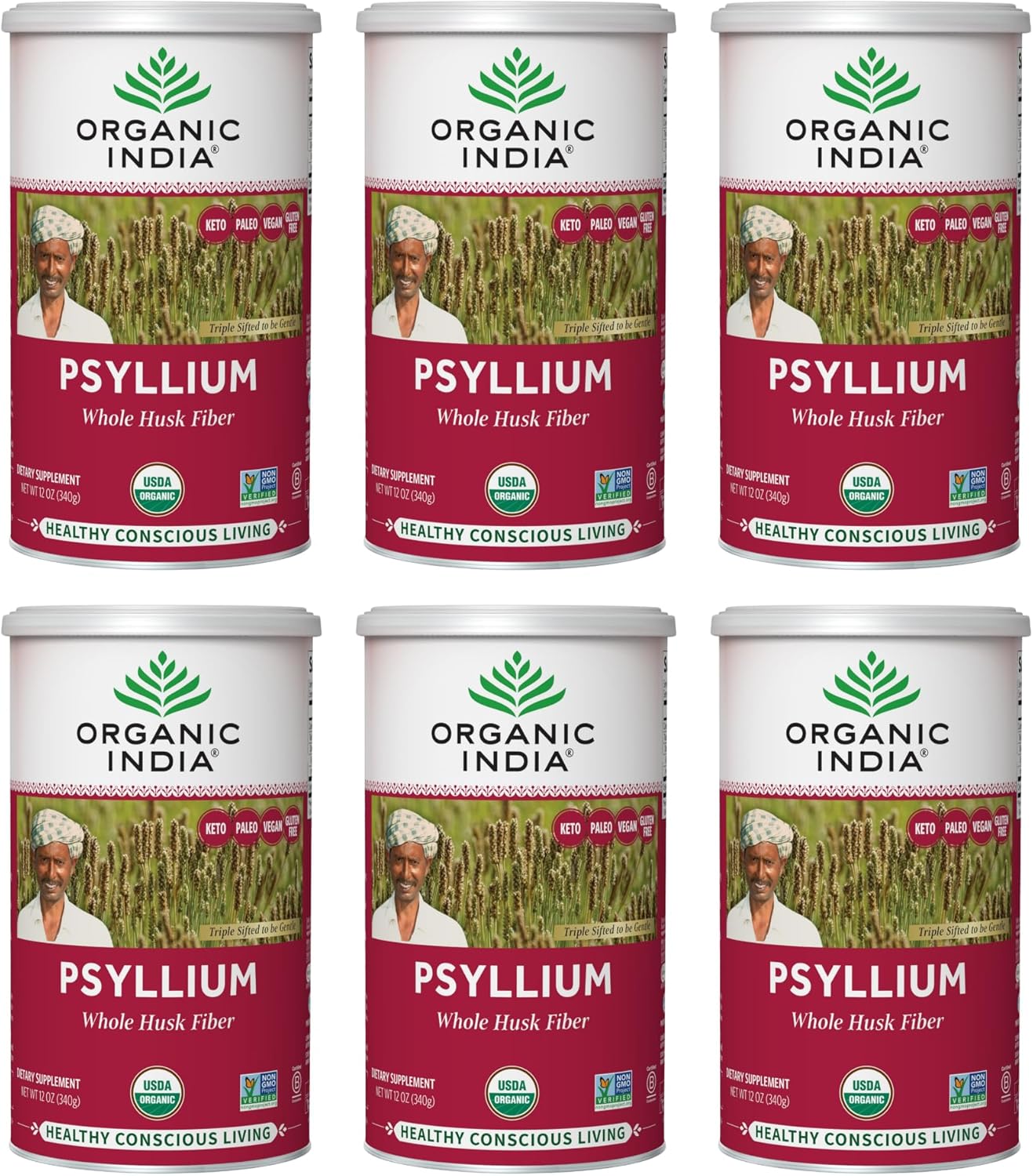 6 Pack of ORGANIC INDIA Whole Psyllium Husk Powder - Digestion Support, Vegan Fiber Supplement - 12 oz Canister, Non-GMO & Gluten-Free