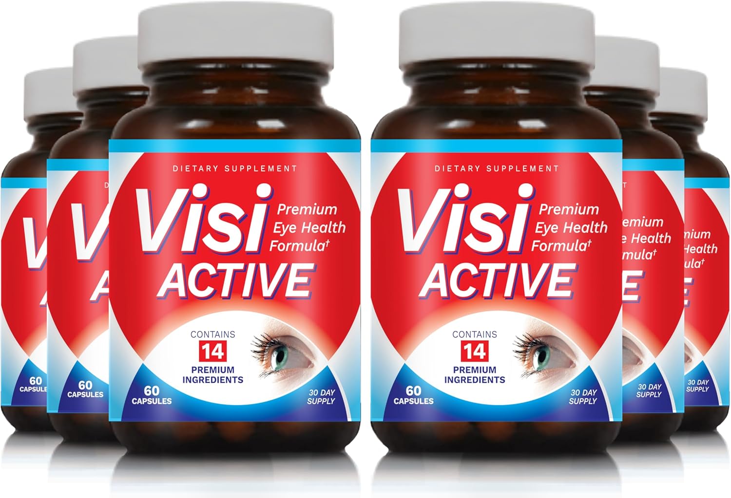 6 Pack VisiActive Vision Support Supplement with L-Tartrate, Resveratrol, Blueberry Extract, Vitamins A, C, D - 60 Capsules/Bottle