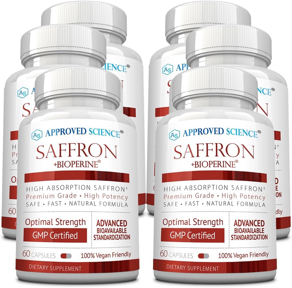 6 Packs of Approved Science® Saffron Capsules - Standardized to 3% Crocin, 2% Safranal with High-Absorption BioPerine - Vegan - 60 Capsules