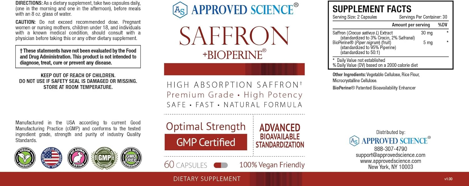 6 Packs of Approved Science® Saffron Capsules - Standardized to 3% Crocin, 2% Safranal with High-Absorption BioPerine - Vegan - 60 Capsules