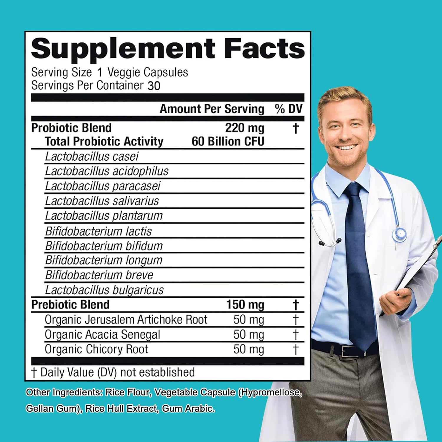 60 Billion CFU Probiotics with Prebiotics for Digestive Health - 10 Strains for Immune Support - pH Balance, Gas & Bloating Relief - 30 Capsules