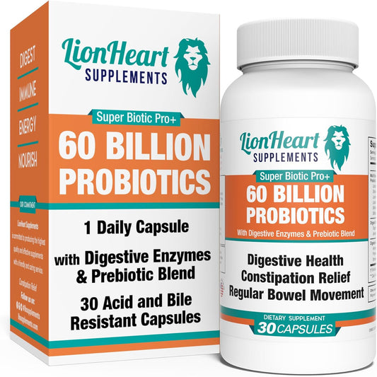 60 Billion Probiotic Supplement with Digestive Enzymes and Organic Prebiotics - Constipation Relief for Adults - Bowel Movement Support - Eases IBS - 30 Capsules