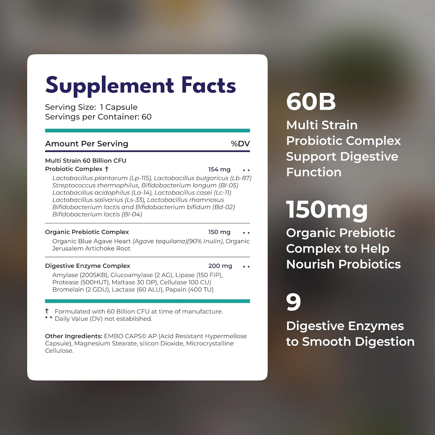 60 Billion Probiotic Supplement with Digestive Enzymes and Organic Prebiotics - Constipation Relief for Adults - Bowel Movement Support - Eases IBS - 30 Capsules