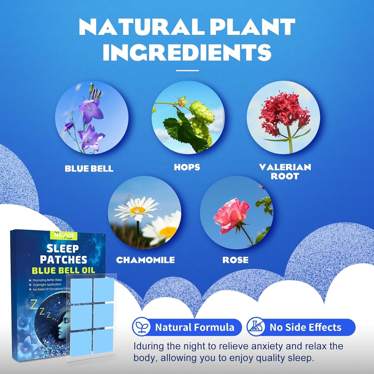 60 Blue Bell Sleep Patches for Adults - Natural Plant Ingredients, Skin-Friendly & Long-Lasting All Night Relief