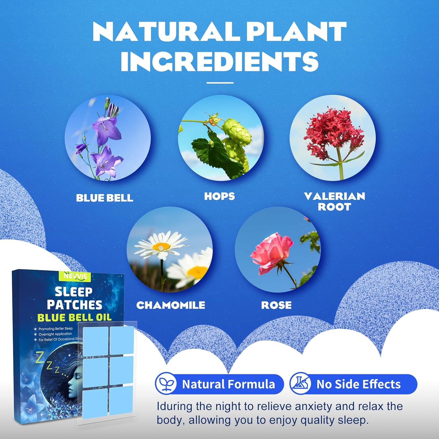 60 Blue Bell Sleep Patches for Adults - Natural Plant Ingredients, Skin-Friendly & Long-Lasting All Night Relief