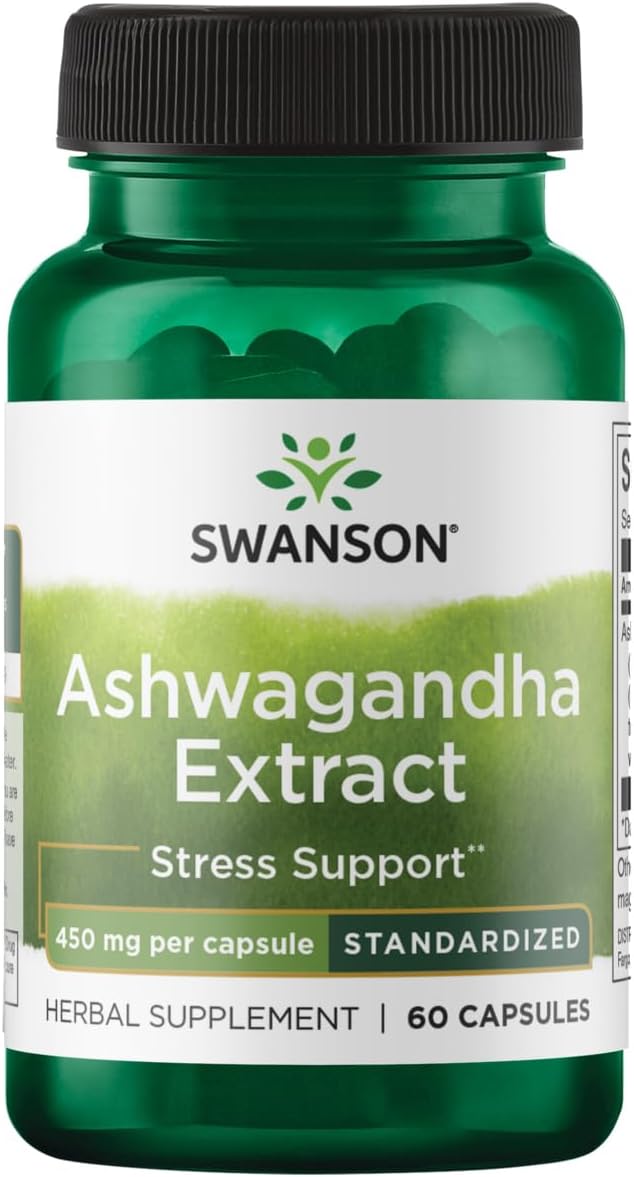60-Capsule Swanson Ashwagandha Extract - Ayurvedic Supplement for Stress Response, Energy, and Nervous System Health - 450mg per Capsule