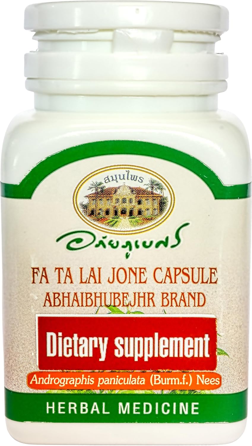 60 Capsules ABHAIBHUBEJHR Andrographis Paniculata Dietary Supplement - FA Ta Lai Jone, Indian Echinacea - Imported Thai Product