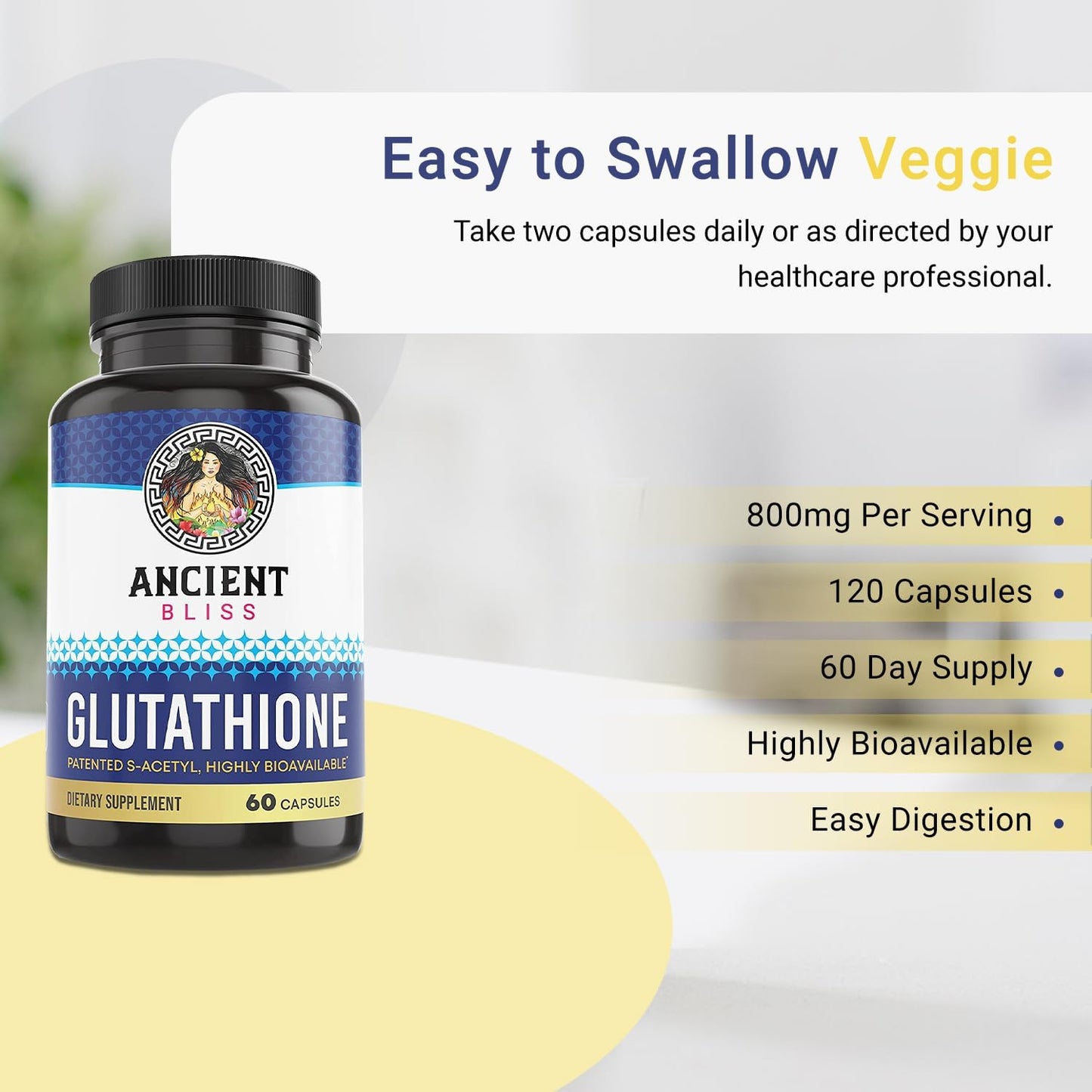 60 Capsules Ancient Bliss S-Acetyl Glutathione Supplement for Cellular Antioxidant, Immune & Joint Support