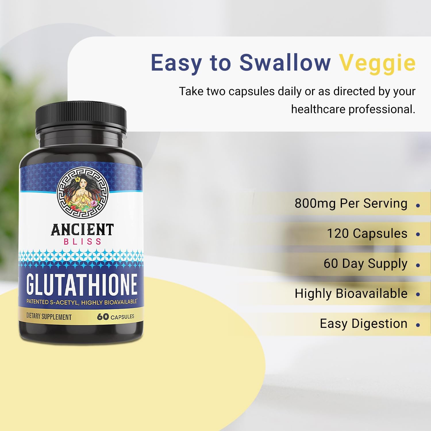 60 Capsules Ancient Bliss S-Acetyl Glutathione Supplement for Cellular Antioxidant, Immune & Joint Support