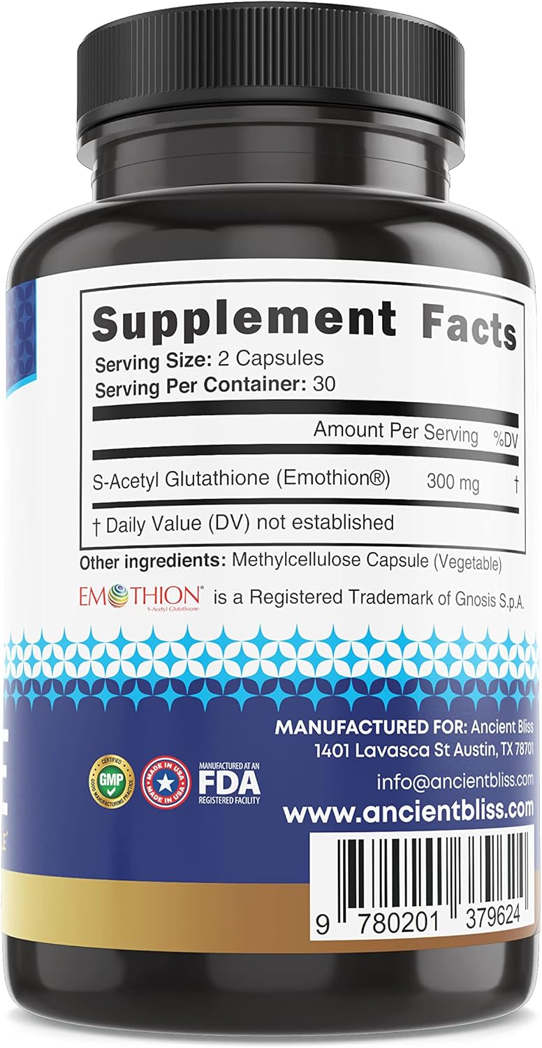 60 Capsules Ancient Bliss S-Acetyl Glutathione Supplement for Cellular Antioxidant, Immune & Joint Support