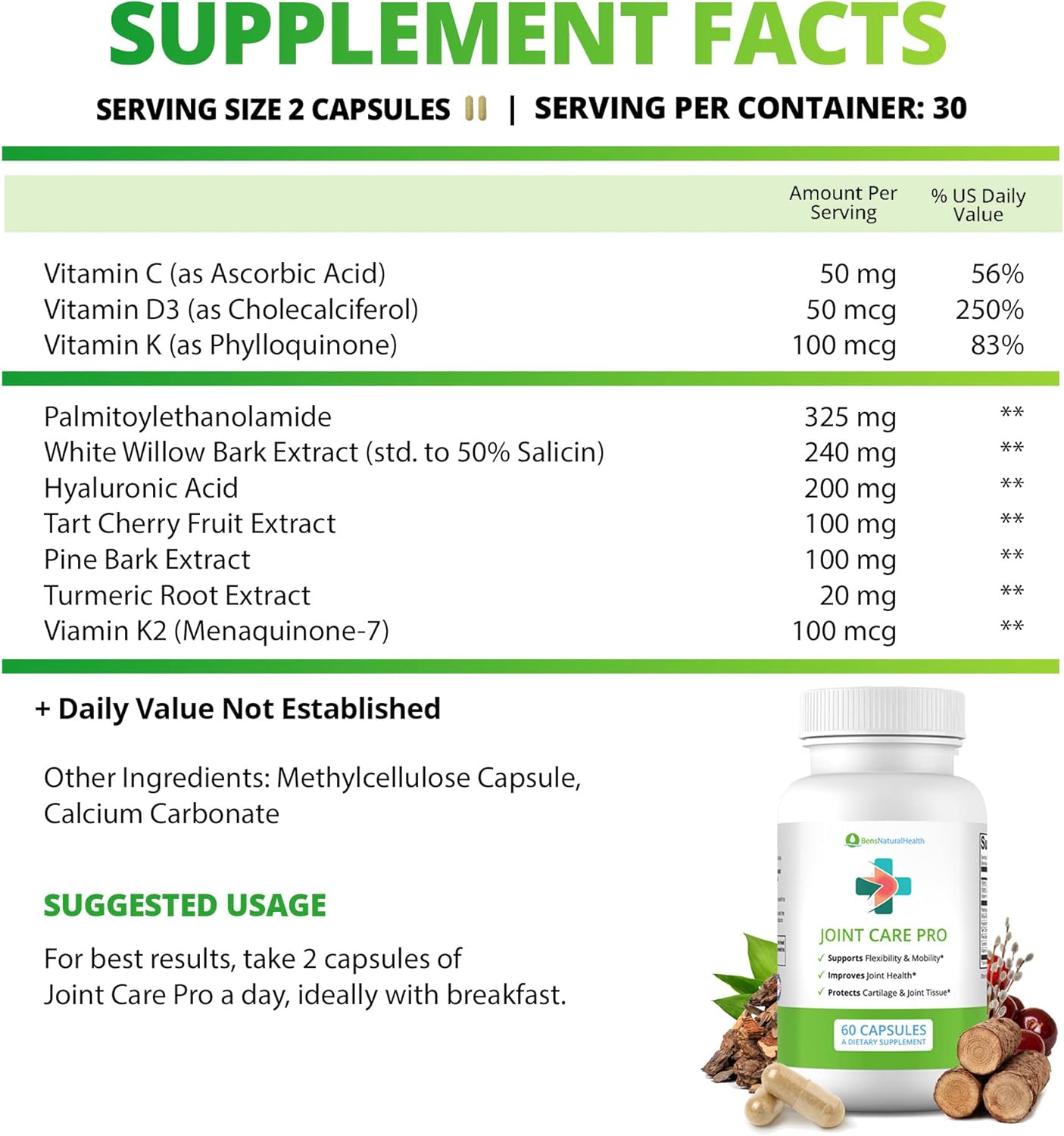 60 Capsules Ben's Natural Health Joint Support Supplement with Hyaluronic Acid, Turmeric, Vitamins C, D, K, and Tart Cherry Extract for Joint Care