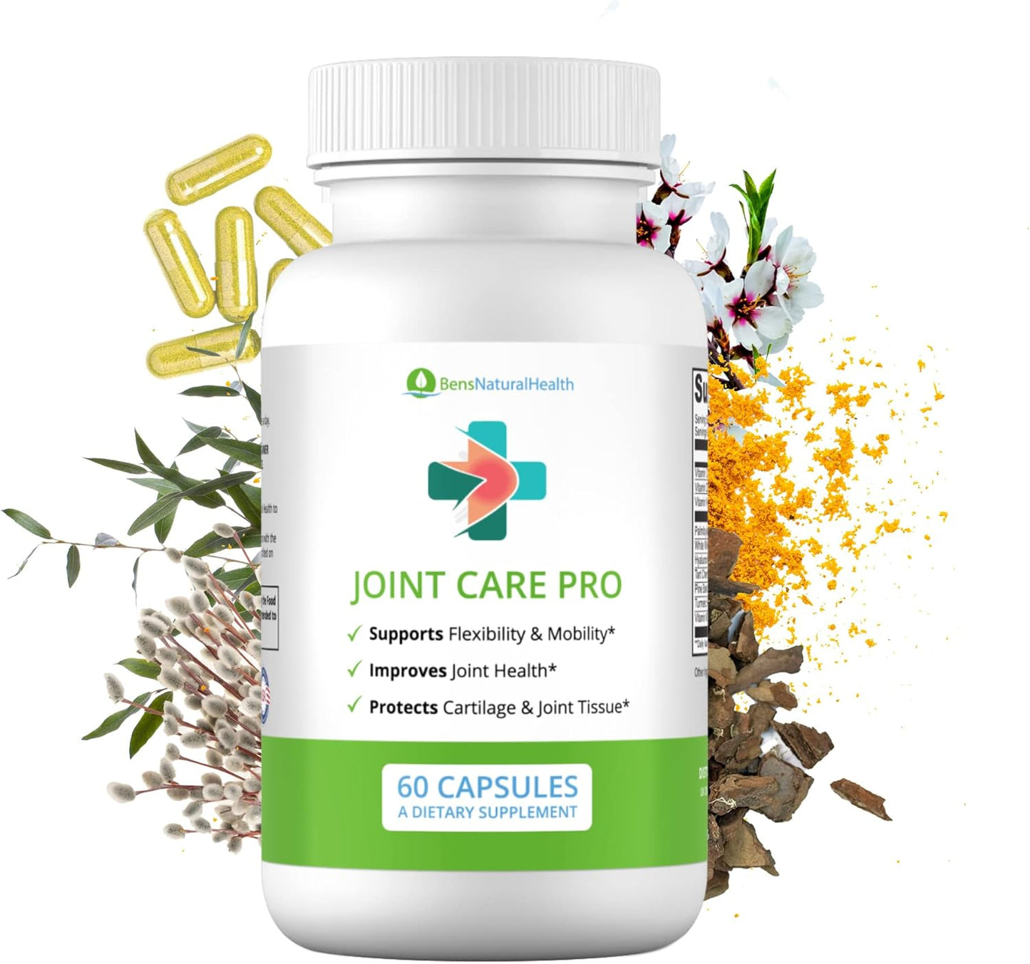 60 Capsules Ben's Natural Health Joint Support Supplement with Hyaluronic Acid, Turmeric, Vitamins C, D, K, and Tart Cherry Extract for Joint Care