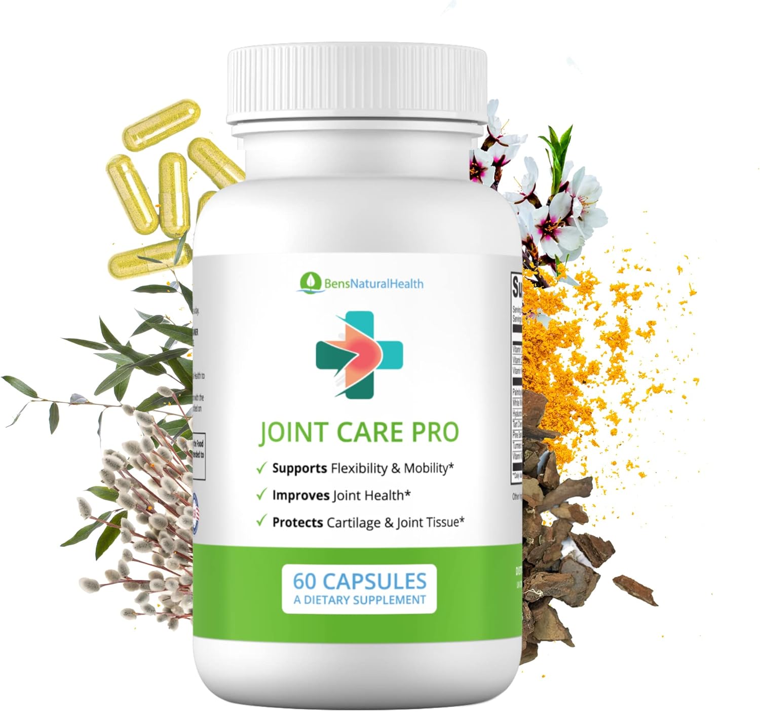 60 Capsules Ben's Natural Health Joint Support Supplement with Hyaluronic Acid, Turmeric, Vitamins C, D, K, and Tart Cherry Extract for Joint Care