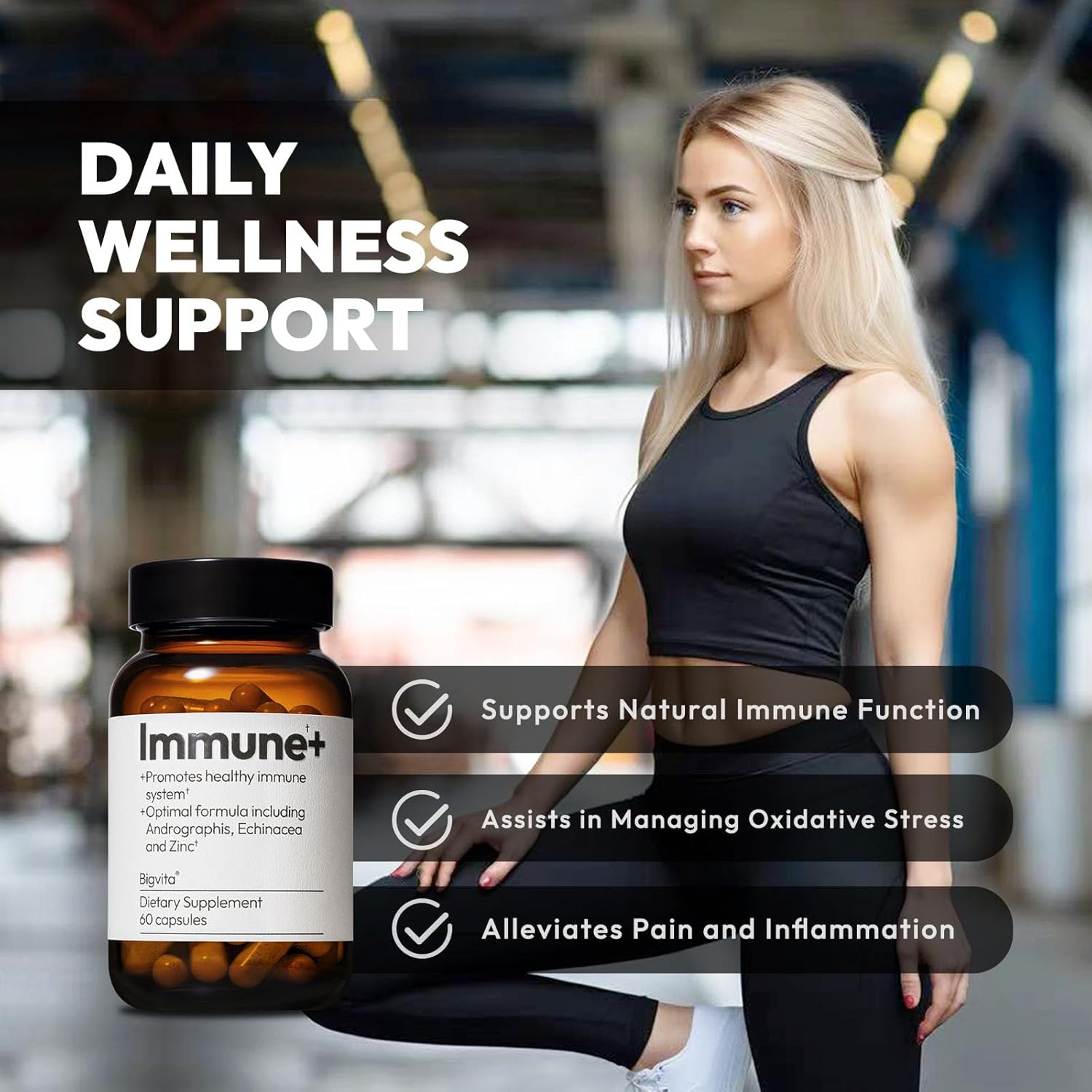 60 Capsules BigVita Immune Support Booster Supplement with Elderberry, Echinacea, Vitamin C, Andrographis, Zinc, Magnesium Oxide, and Selenium for Immune Defense