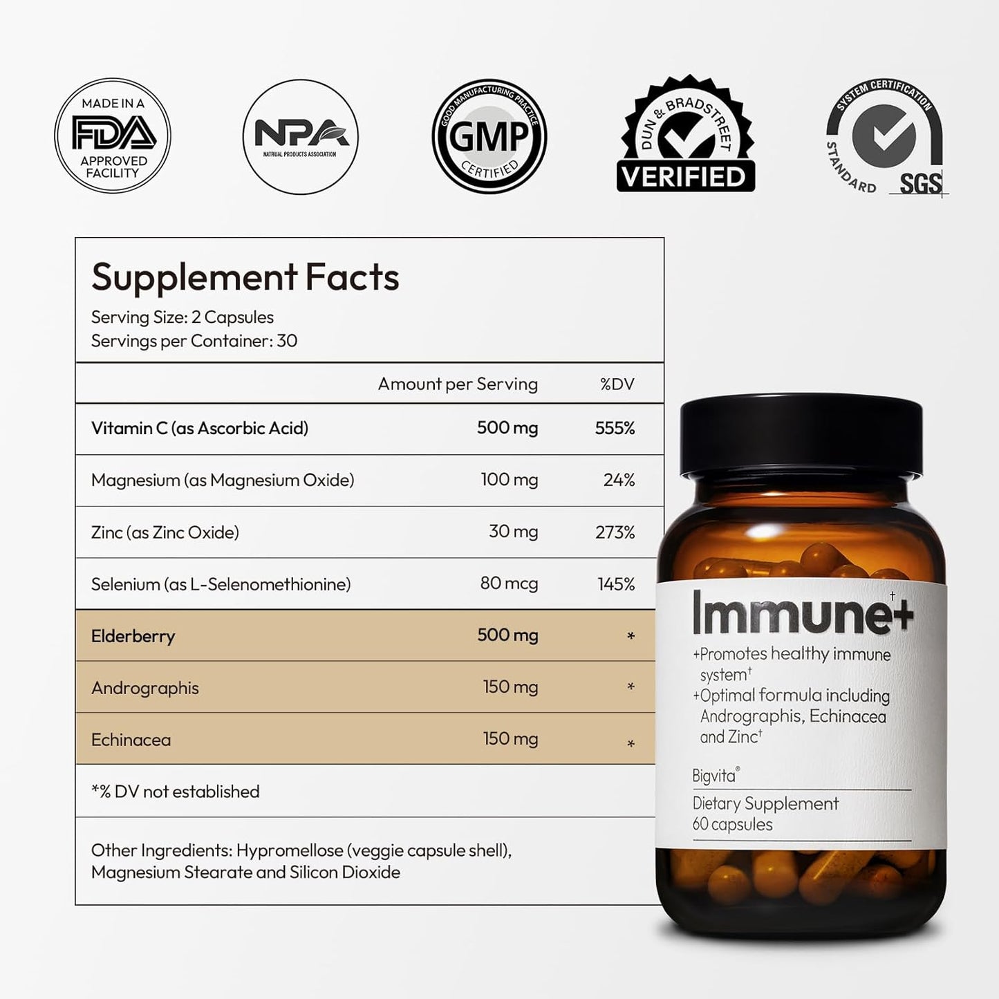 60 Capsules BigVita Immune Support Booster Supplement with Elderberry, Echinacea, Vitamin C, Andrographis, Zinc, Magnesium Oxide, and Selenium for Immune Defense