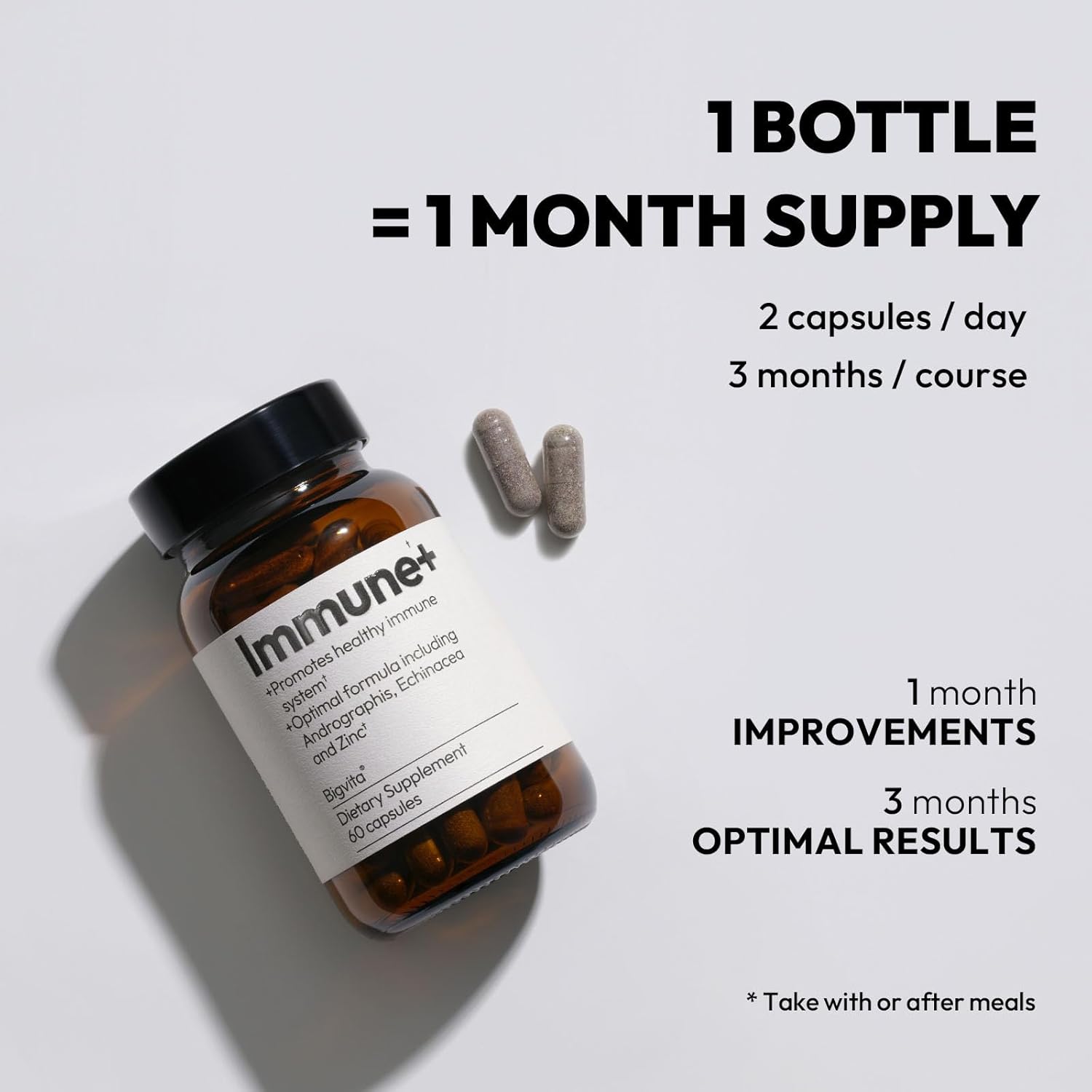 60 Capsules BigVita Immune Support Booster Supplement with Elderberry, Echinacea, Vitamin C, Andrographis, Zinc, Magnesium Oxide, and Selenium for Immune Defense