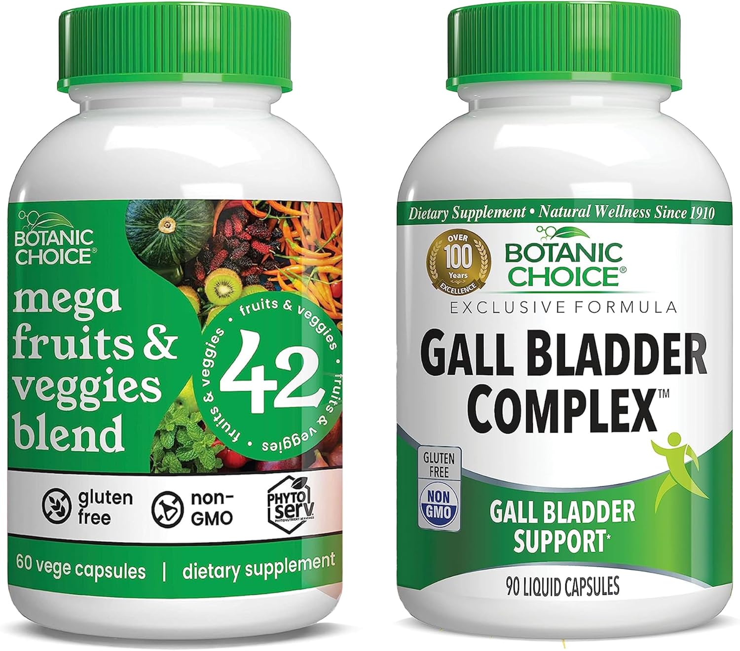 60 Capsules Botanic Choice Mega Fruits and Veggies Blend + 90 Capsules Gall Bladder Complex Bundle for Energy Balance, Superfood Supplement, and Healthy Digestive Function