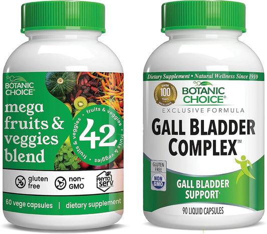60 Capsules Botanic Choice Mega Fruits and Veggies Blend + 90 Capsules Gall Bladder Complex Bundle for Energy Balance, Superfood Supplement, and Healthy Digestive Function
