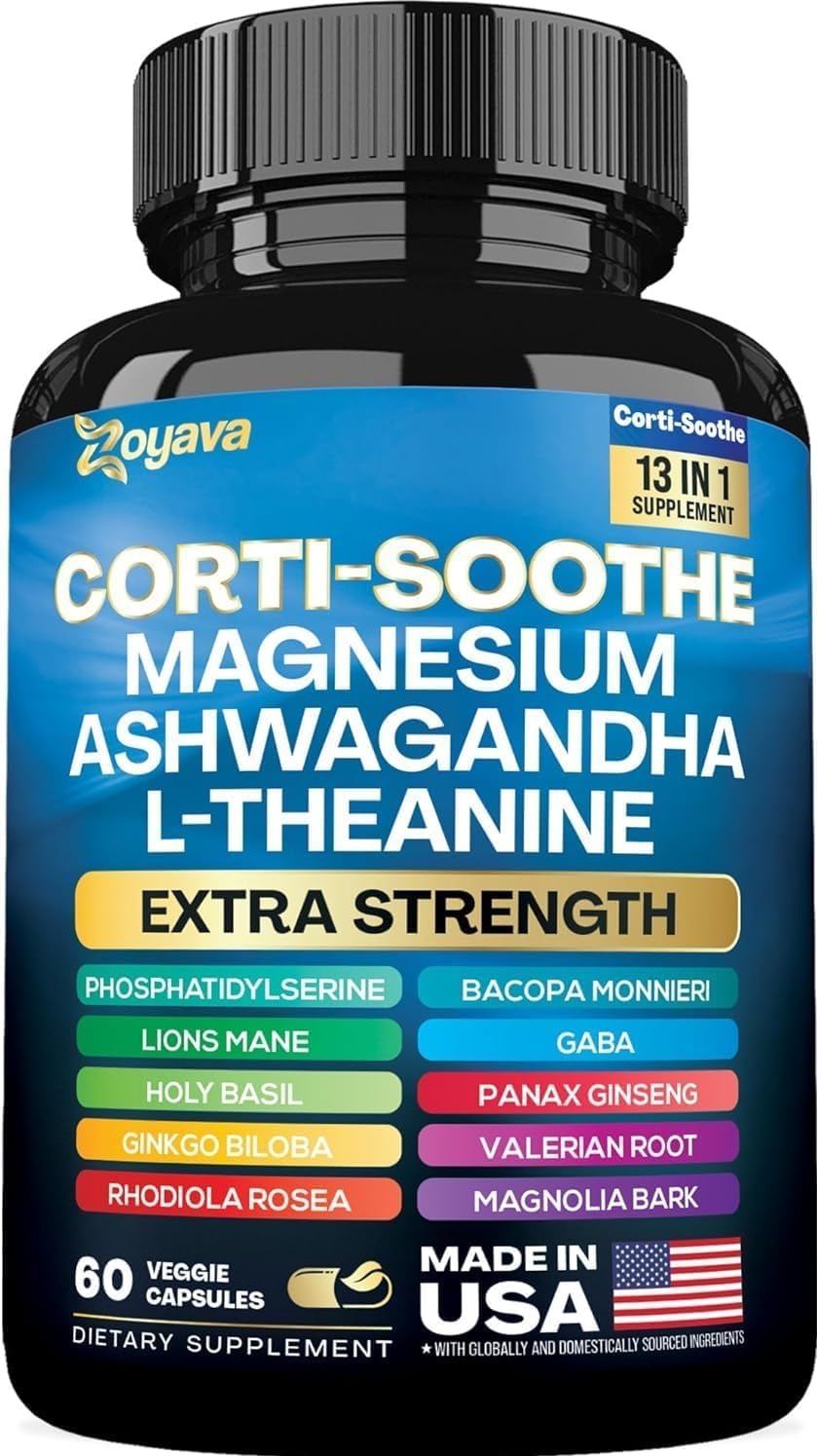 60 Capsules Corti-Soothe Cortisol Support Supplement with Magnesium Glycinate, Ashwagandha, L-Theanine, Lions Mane, Valerian Root for Stress Relief & Relaxation